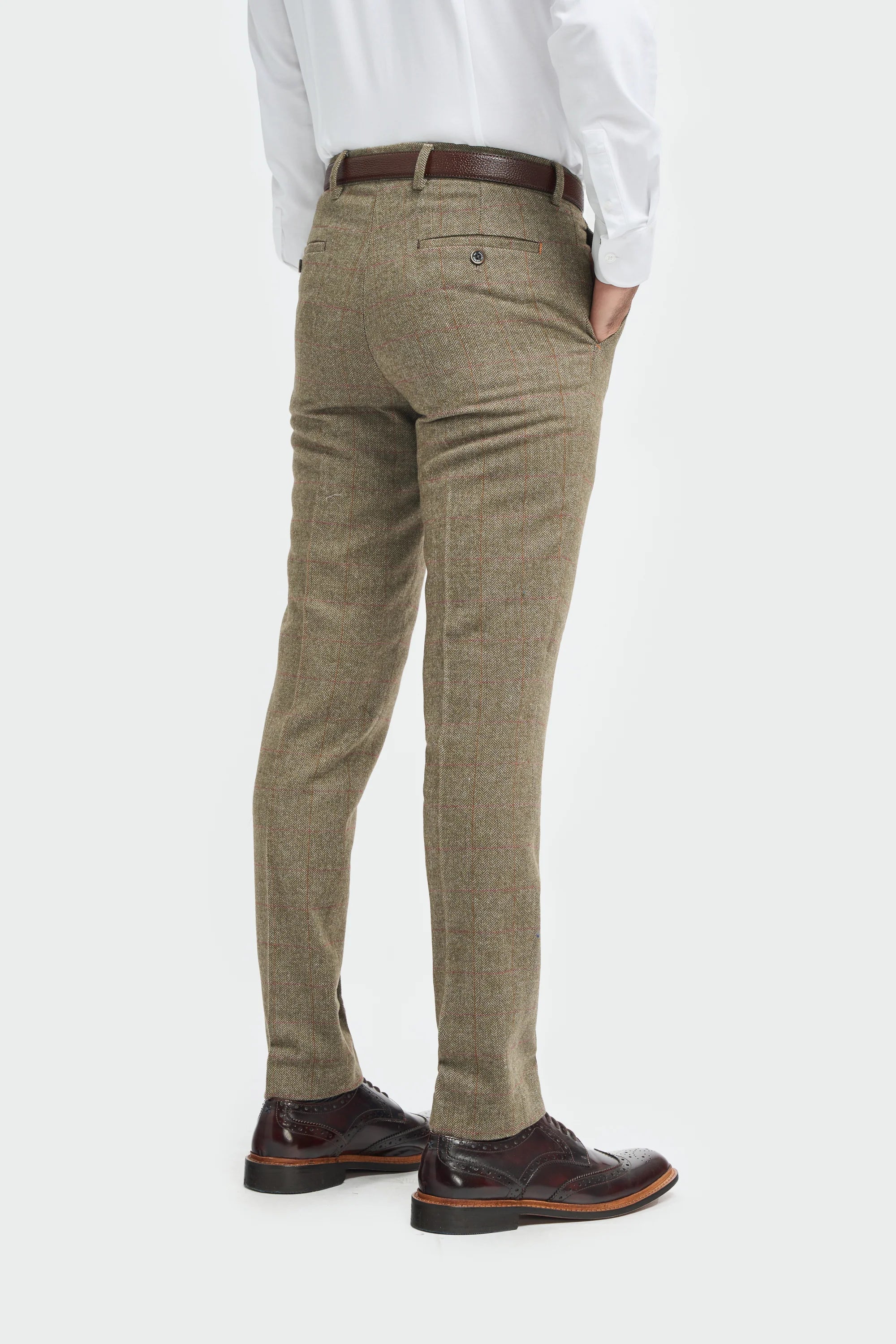 Men's Tweed Check Green Formal Trousers - Gaston Sage - Sage Green Trousers Back Picture