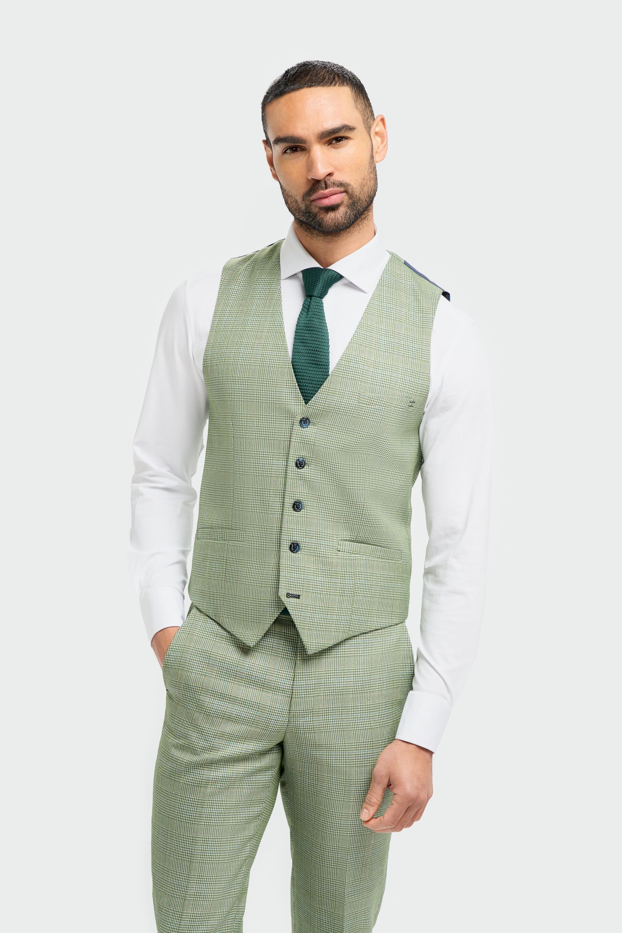 Men's Tweed Houndstooth Check Slim Fit Formal Waistcoat - CARIDI - Sage Green
