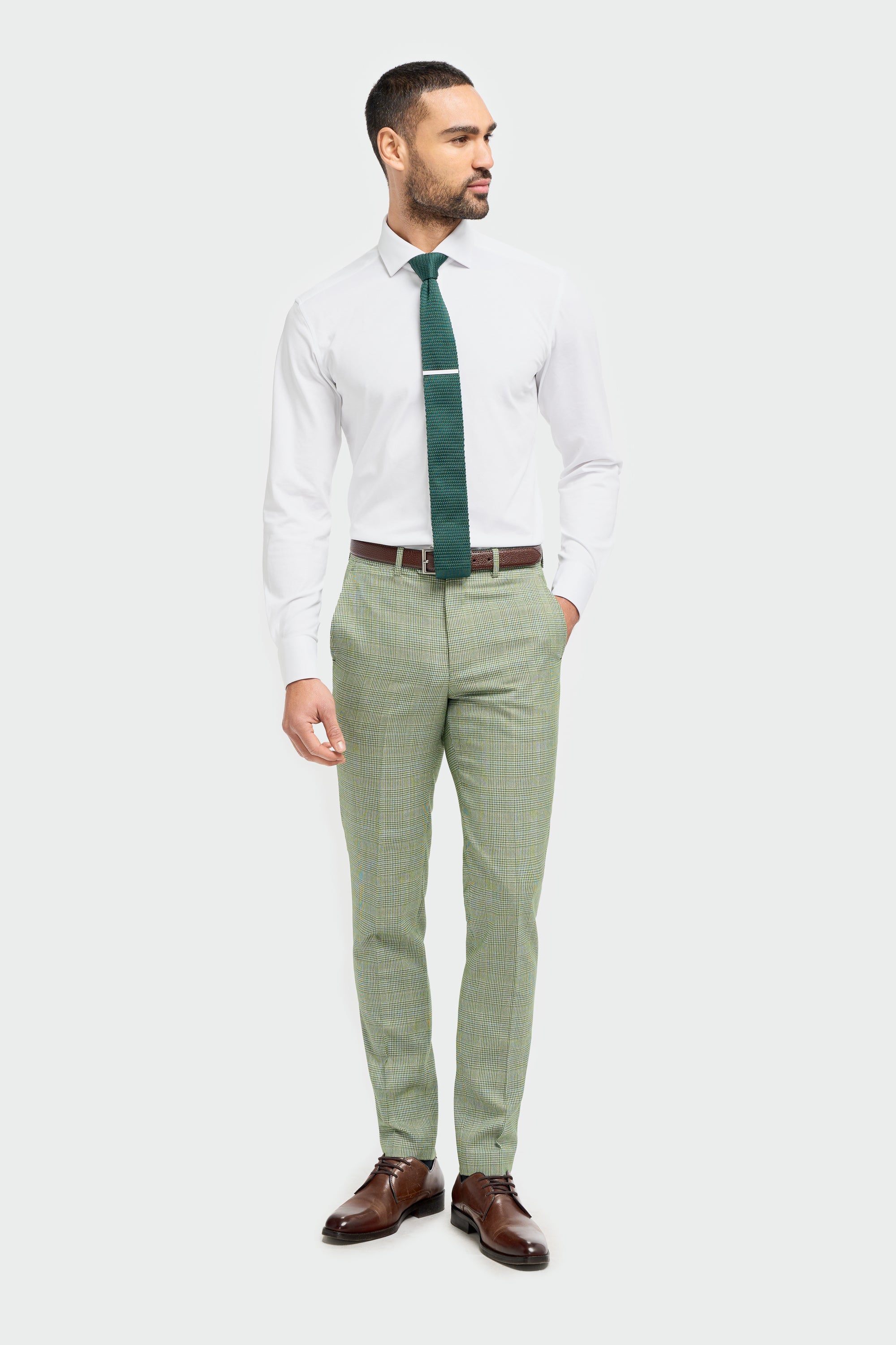 Men's Tweed Houndstooth Check Slim Fit Trousers - CARIDI - Sage Green