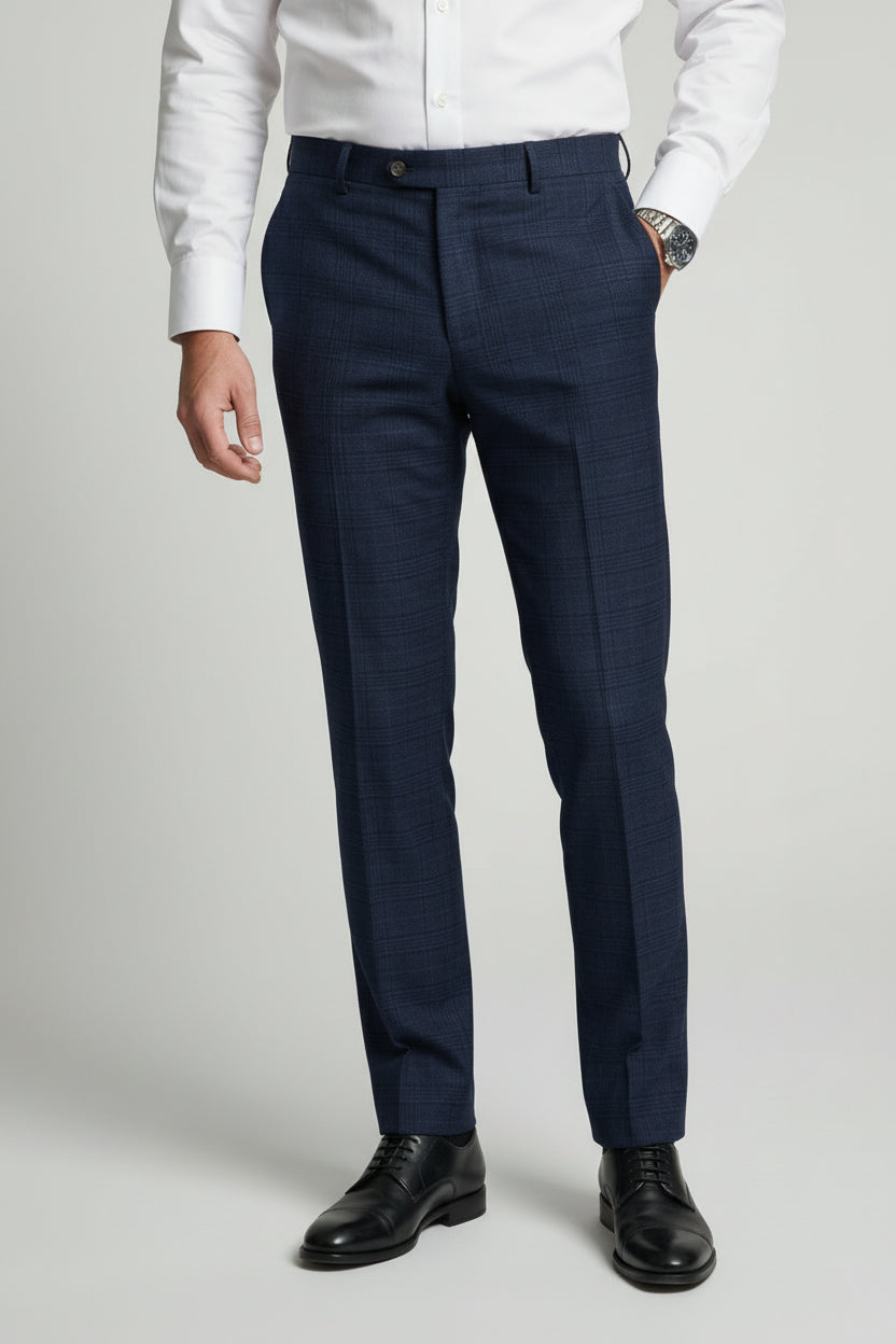 Men’s Tweed Like Glen Check Trousers - Luis - Navy Front Picture