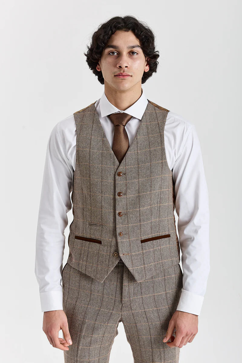 Men's Tweed Retro Windowpane Formal Suit - HARRIS - Brown Waistcoat Picture