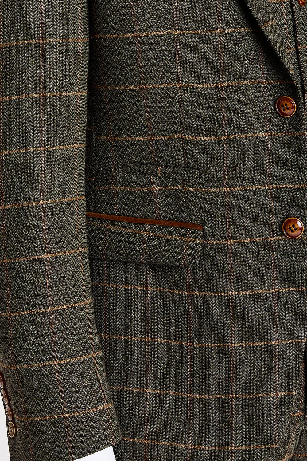 Men's Tweed Retro Windowpane Formal Suit - HARRIS - Green Detail Picture