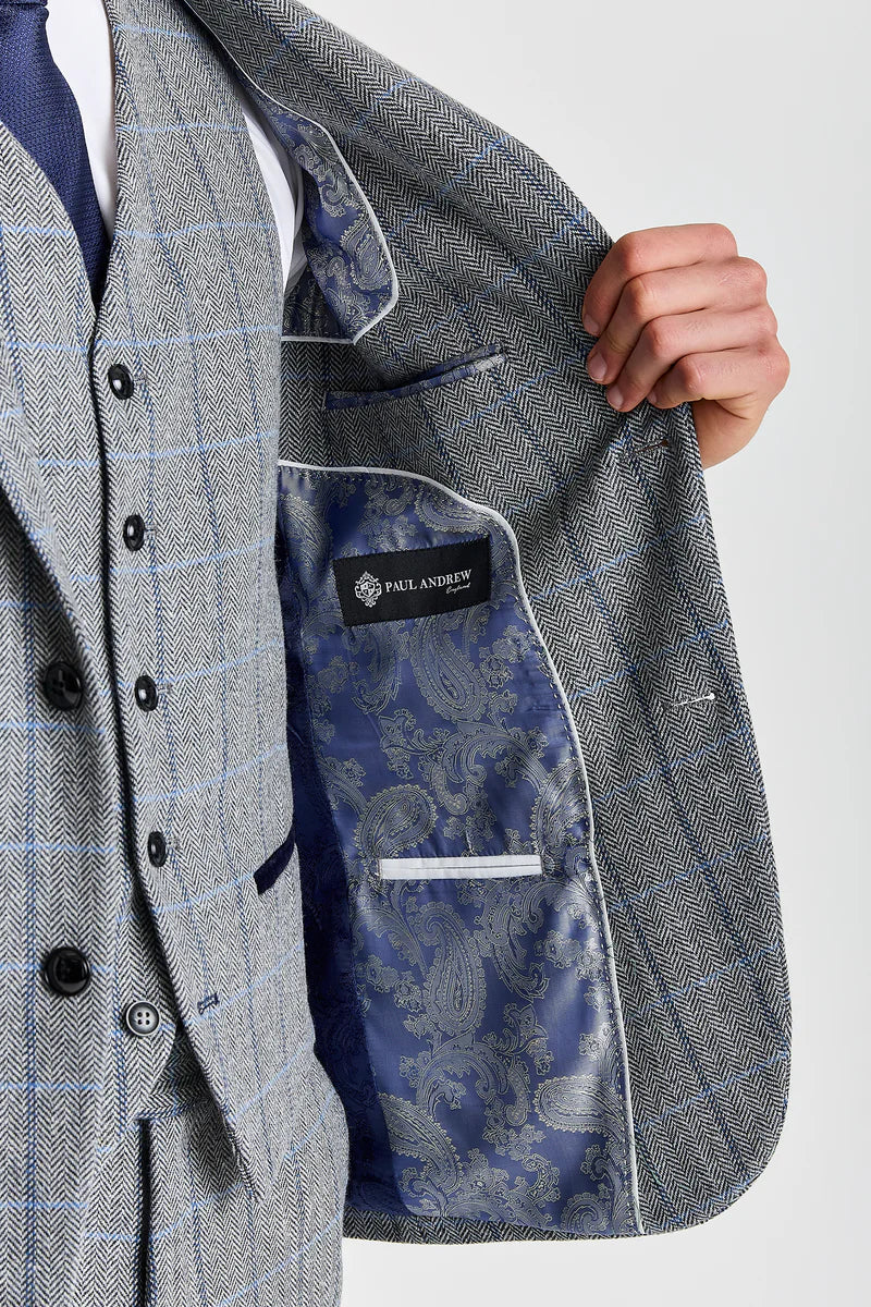 Men's Tweed Retro Windowpane Formal Suit - HARRIS - Grey Linning Picture