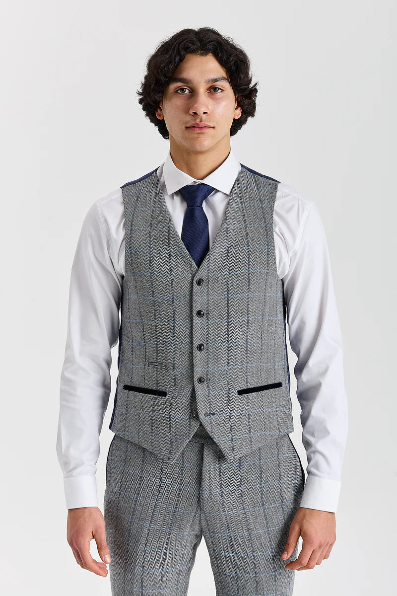 Men's Tweed Retro Windowpane Formal Suit - HARRIS - Grey Wasitcoat Picture