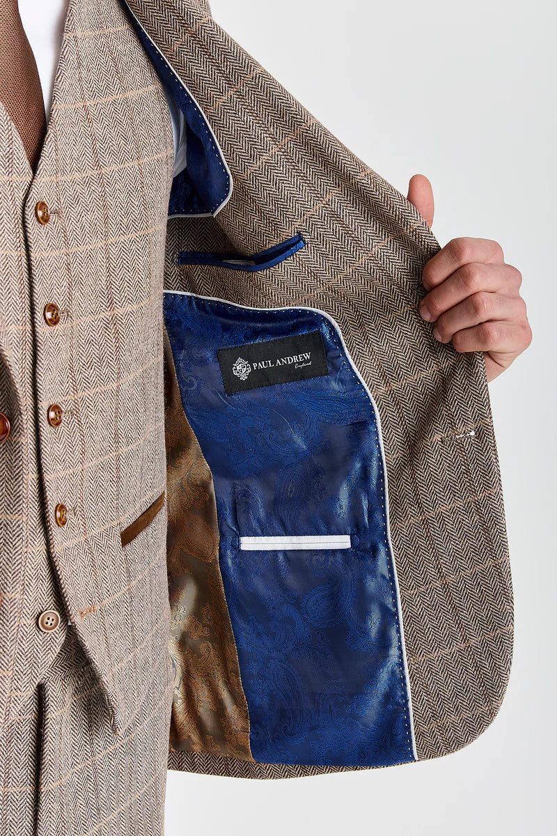 Men's Tweed Retro Windowpane Suit Jacket - HARRIS - Brown Linning Picture