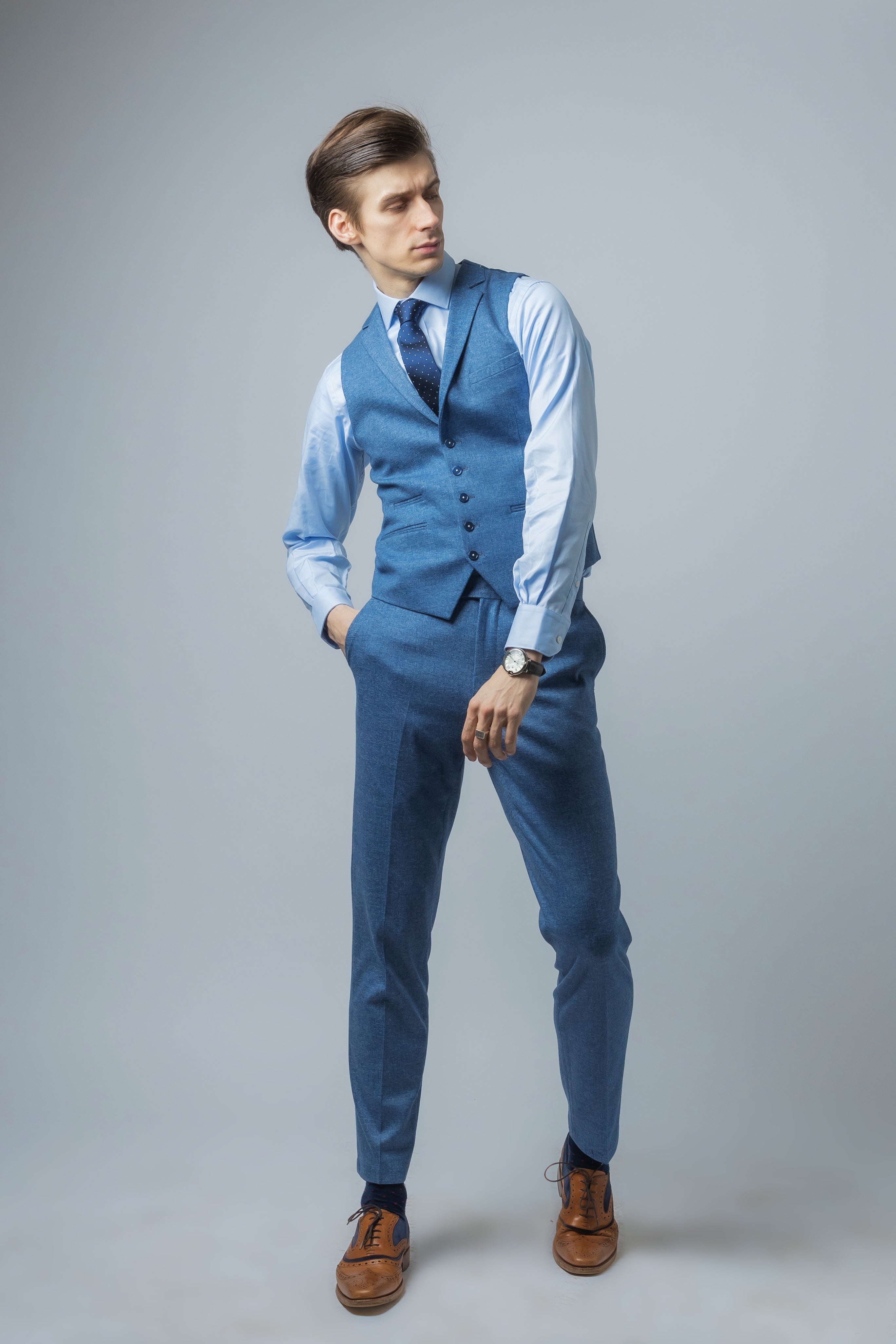 Men's Tweed Slim Fit Blue Suit - JAXON - Yale Blue