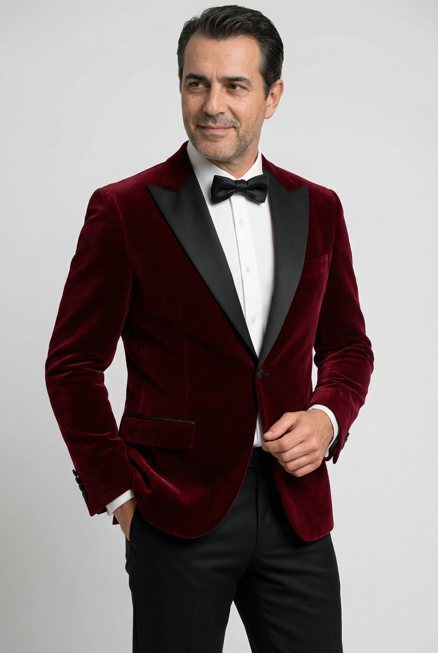 Men’s Velvet Blazer Satin Lapel Dinner Jacket - Mayfair - Wine Burgundy Model Front Picture