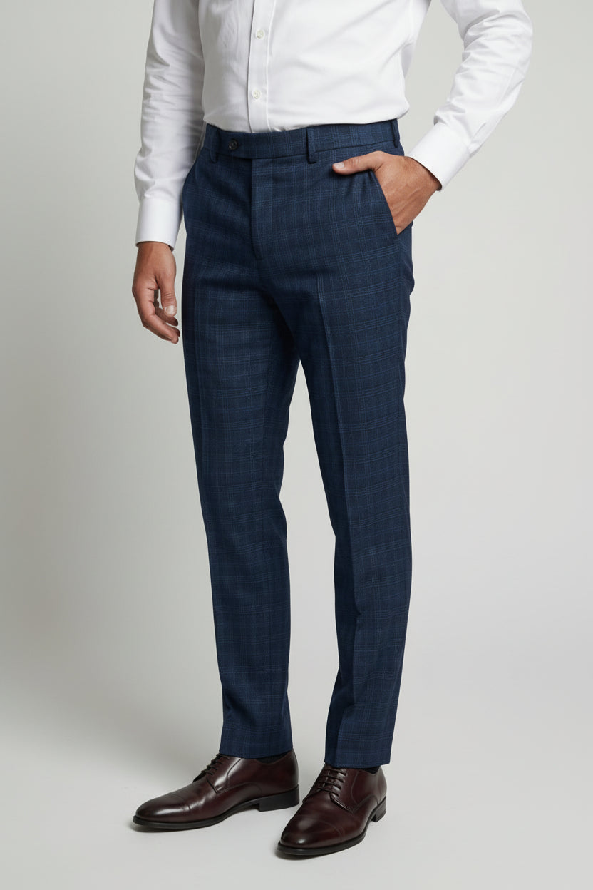 Men’s Windowpane Check Trousers - Marcos - Navy Side Picture