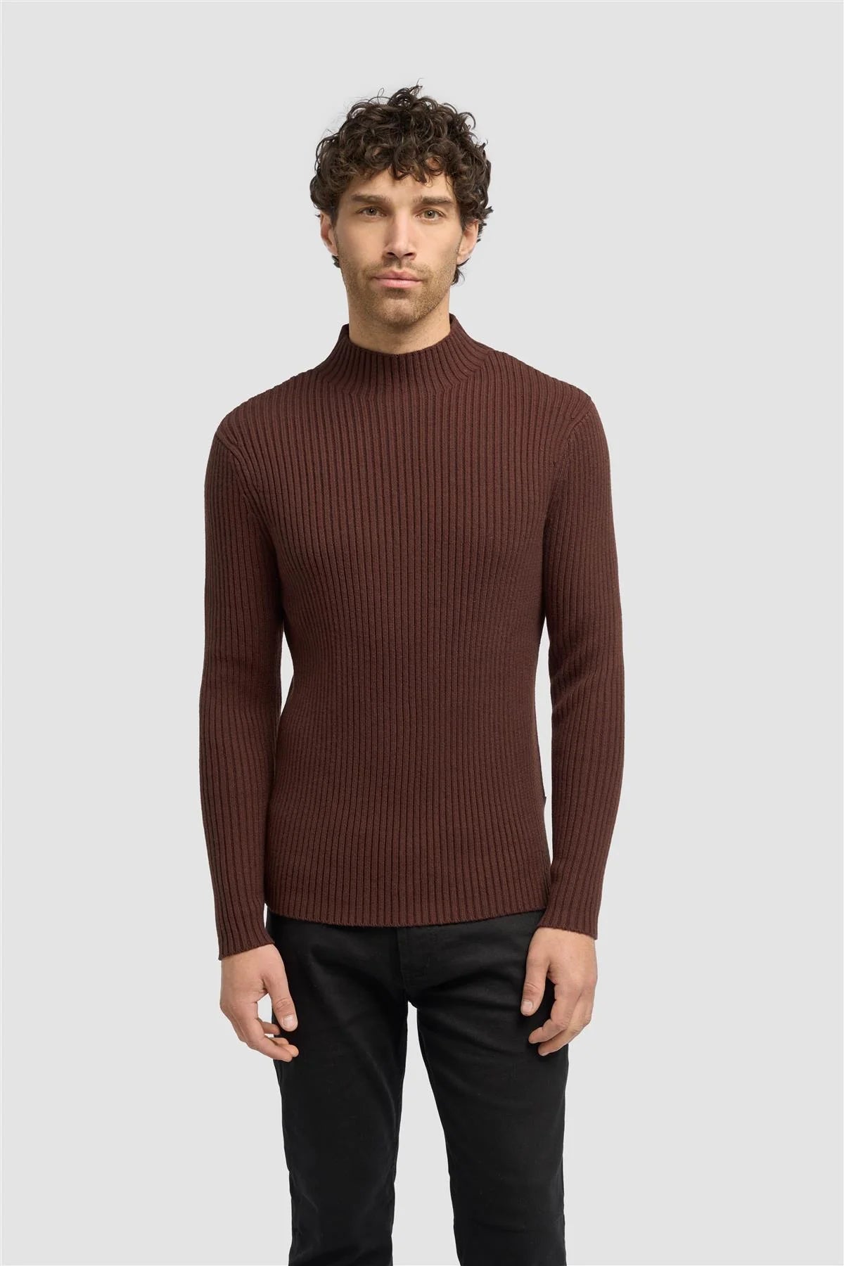 Men’s Wool-Cotton Blend Rib Knit Jumper - FOSCO - Brown Modle Picture