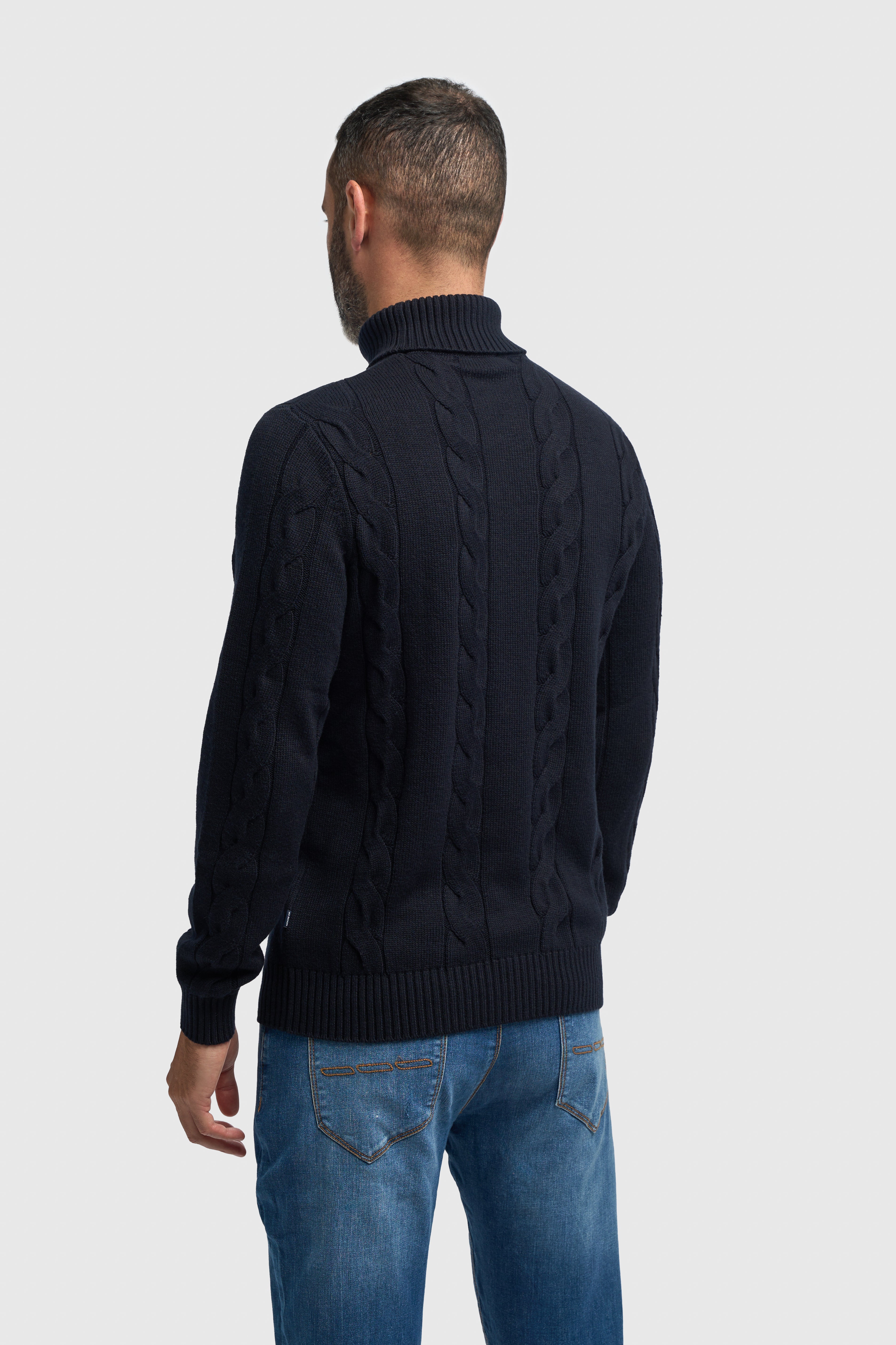 Men’s Wool-Cotton Cable Knit Roll Neck Jumper - Archie - Navy Back Picture