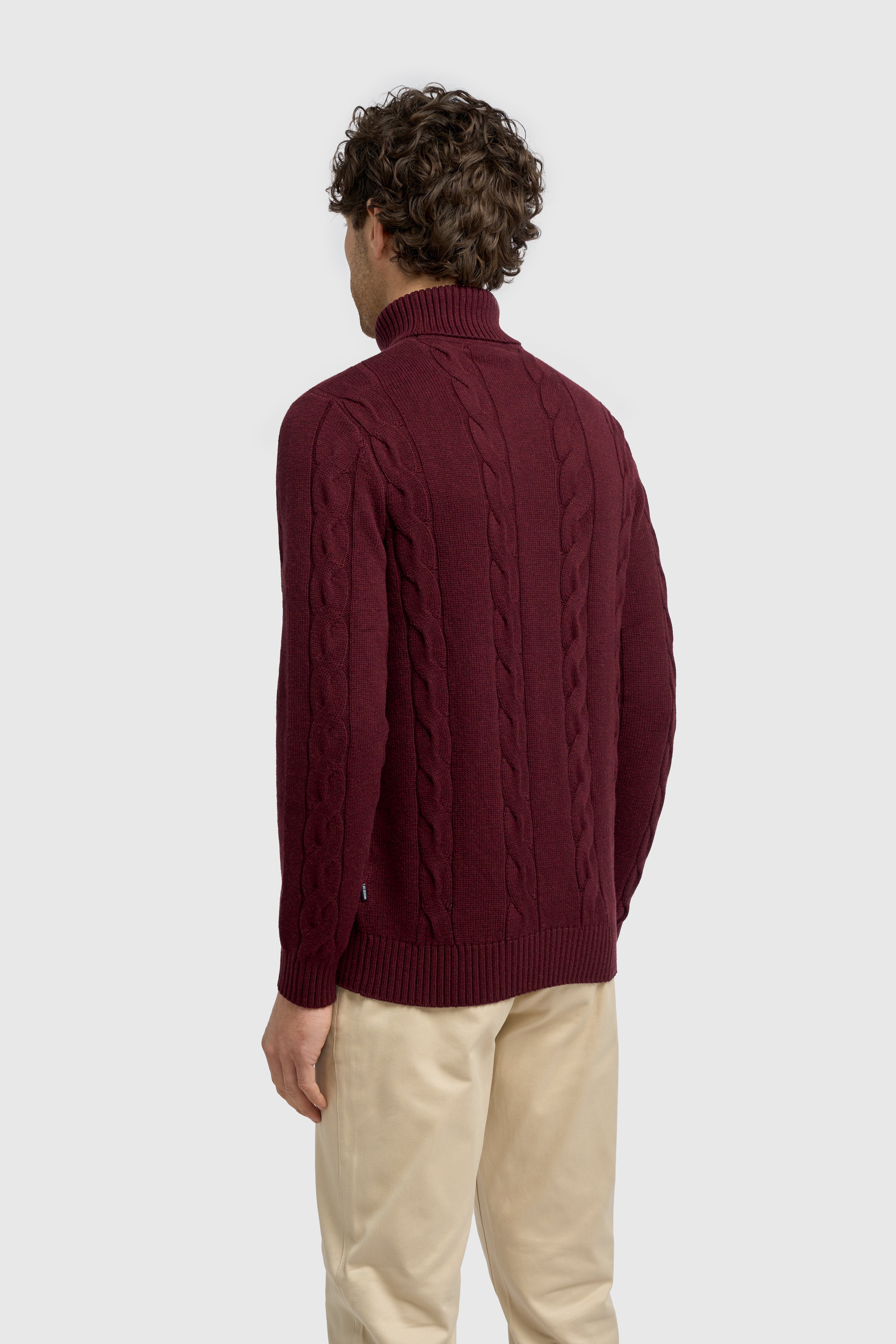 Men’s Wool-Cotton Cable Knit Roll Neck Jumper - Archie - Wine Back Picture
