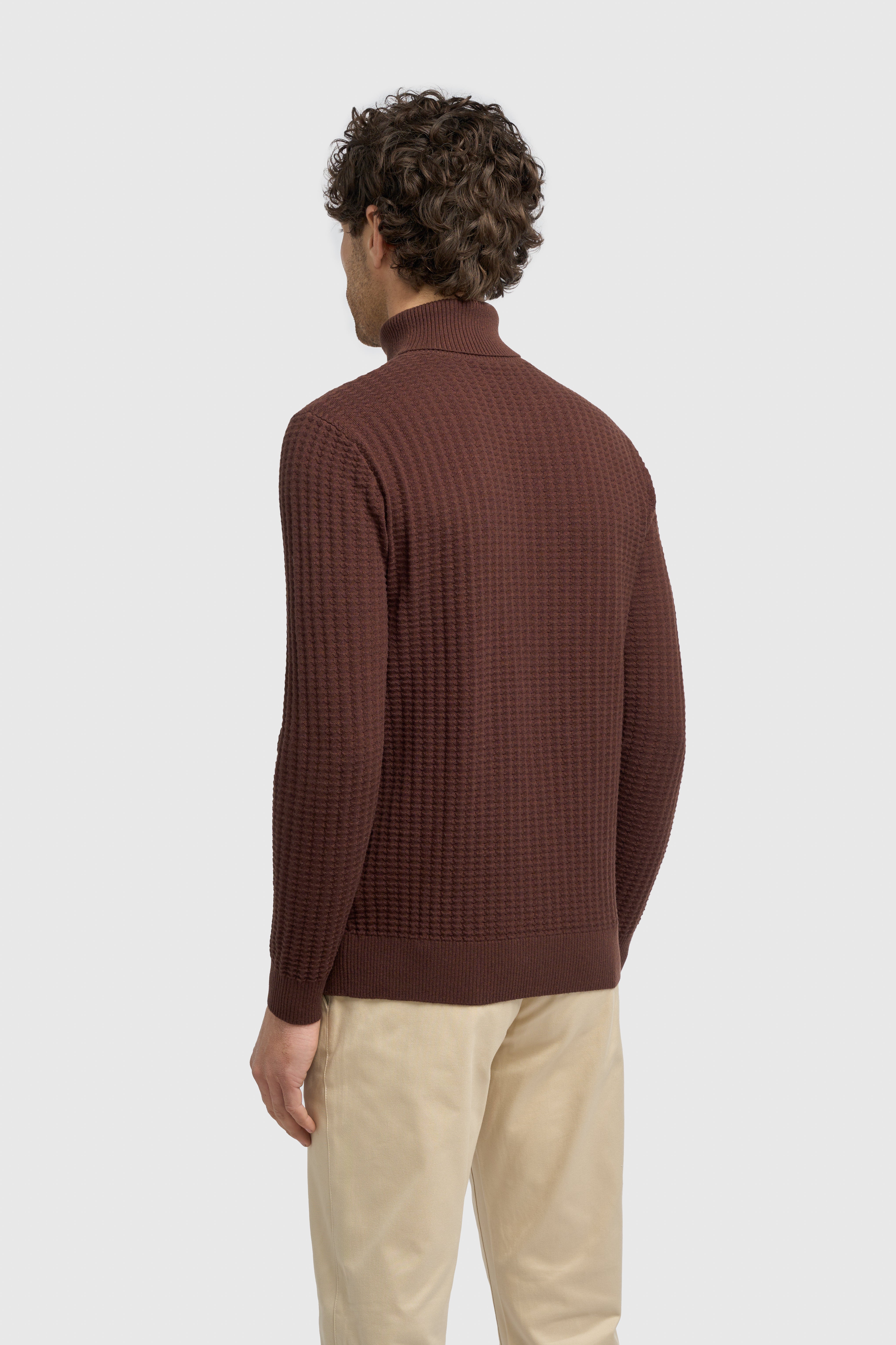 Men’s Wool-Cotton Waffle Knit Roll Neck Jumper - Argas - Brown Back Picture