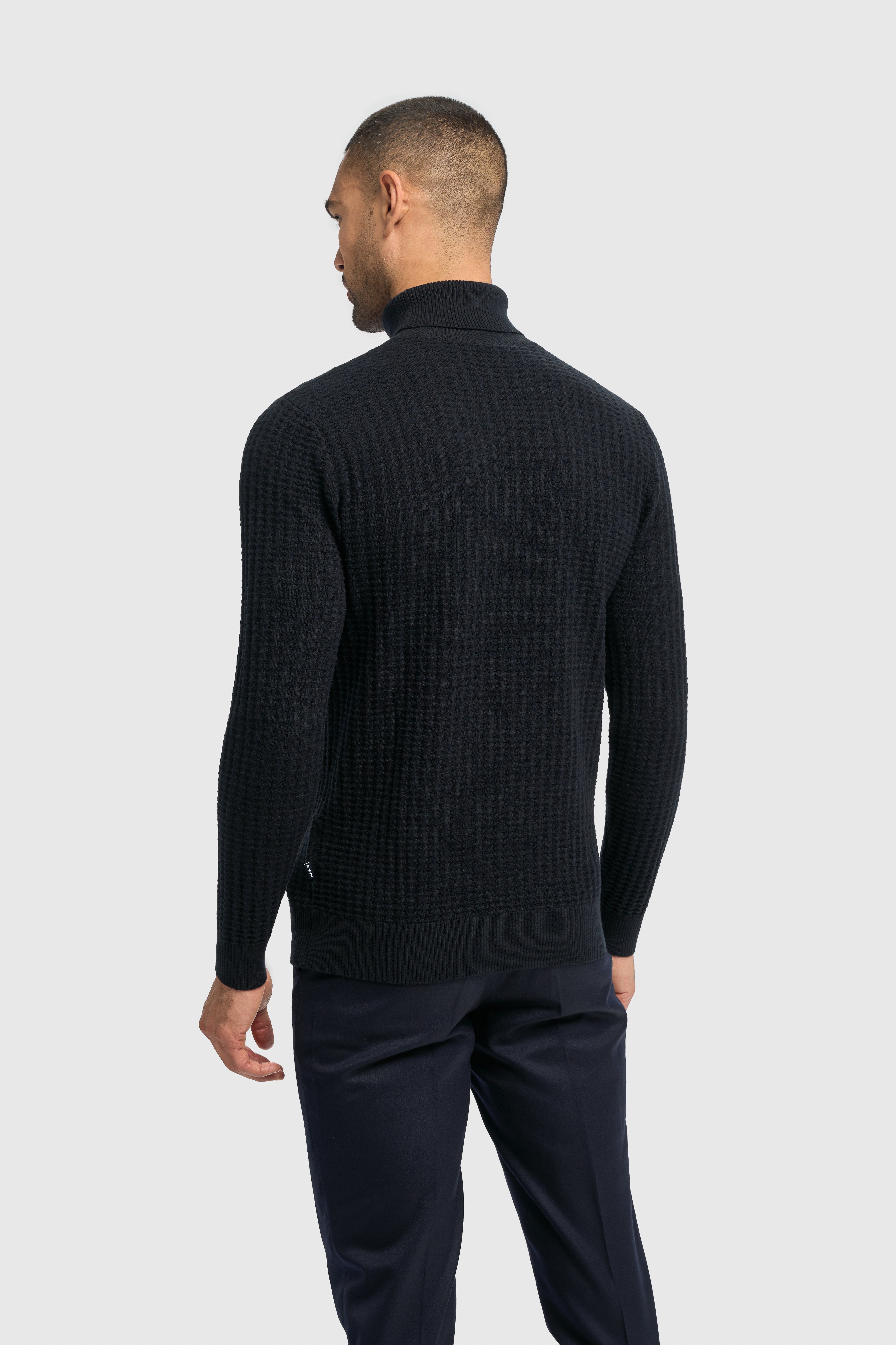 Men’s Wool-Cotton Waffle Knit Roll Neck Jumper - Argas - Navy Model Back Picture