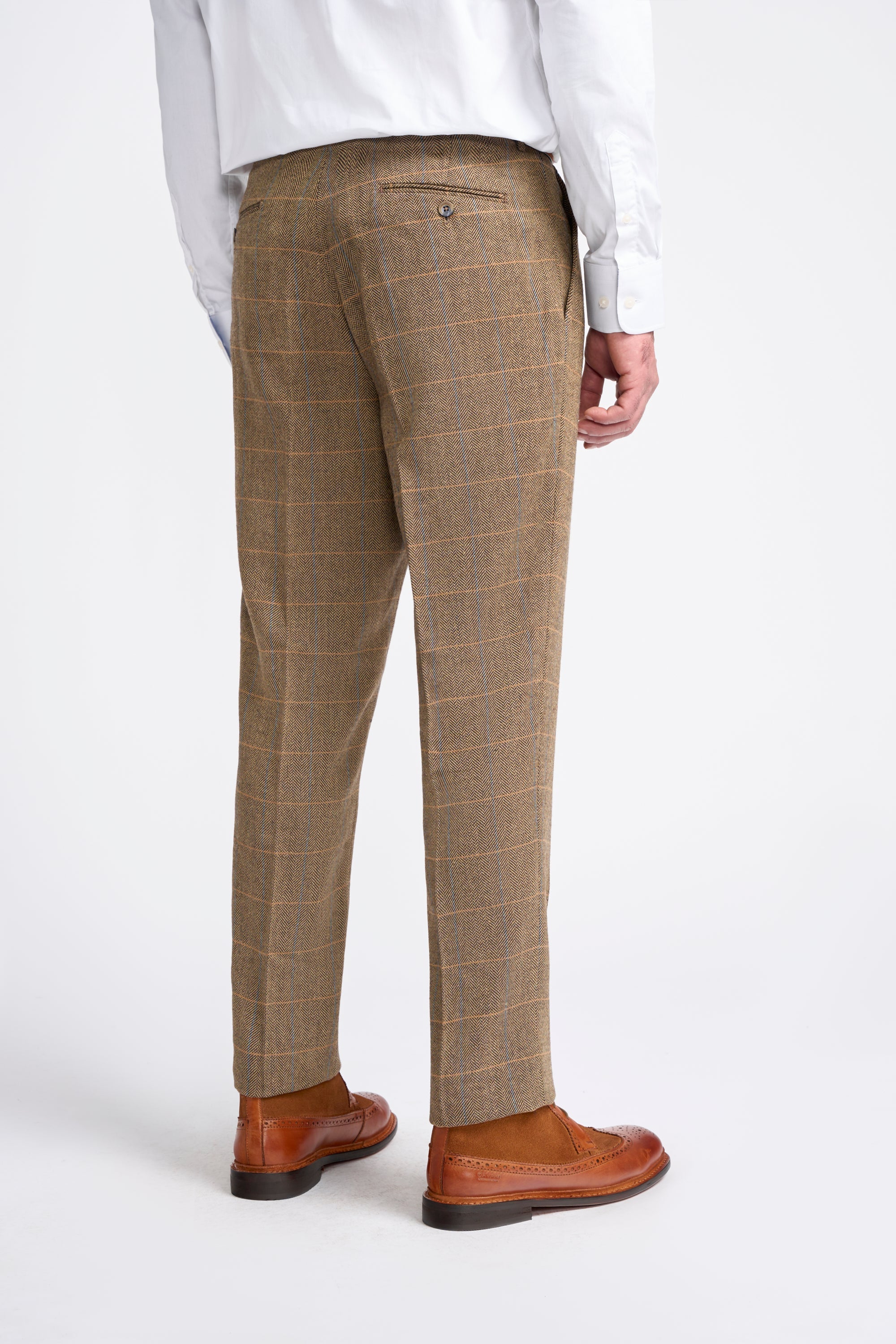 Men's Wool Blend Herringbone Check Trousers - Albert - Tan Brown Trousers Back Picture