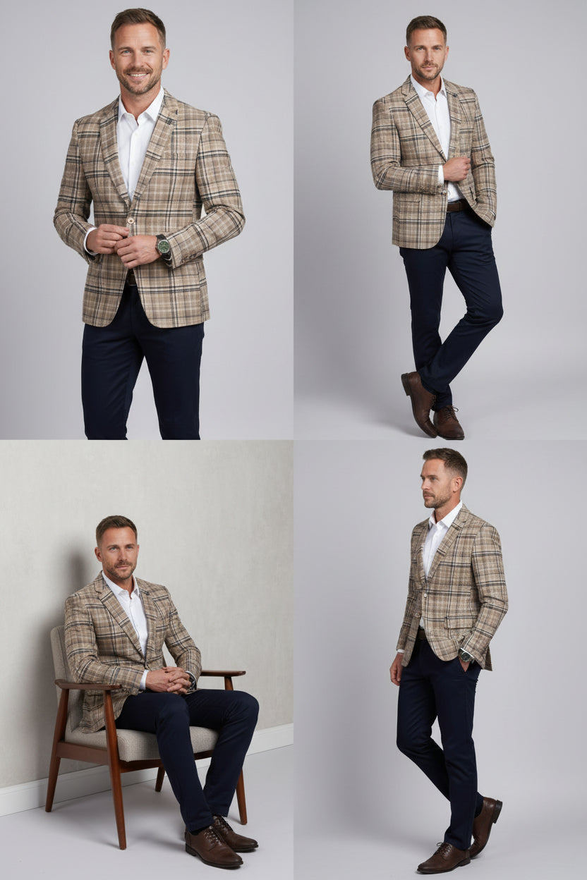 Men’s Wool Blend Plaid Check Blazer - George - Tan
