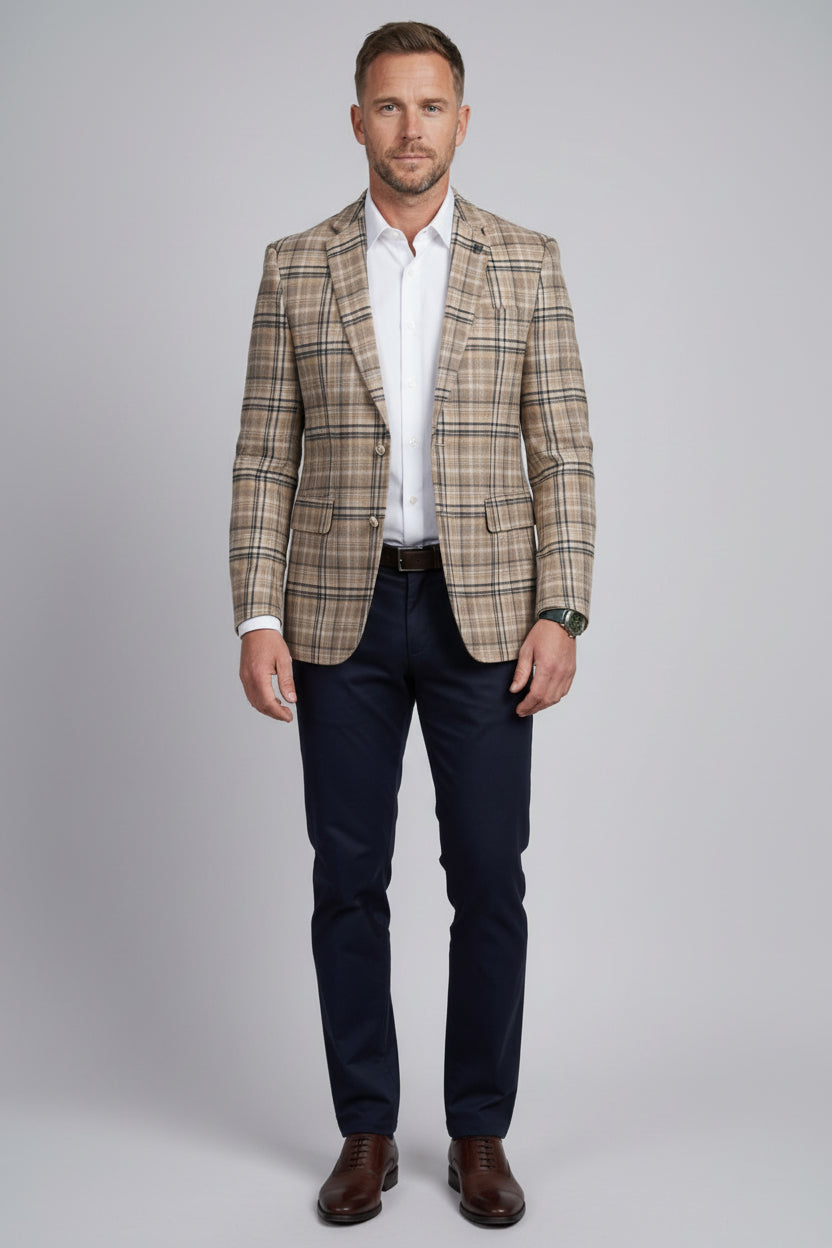 Men’s Wool Blend Plaid Check Blazer - George - Tan Front Picture