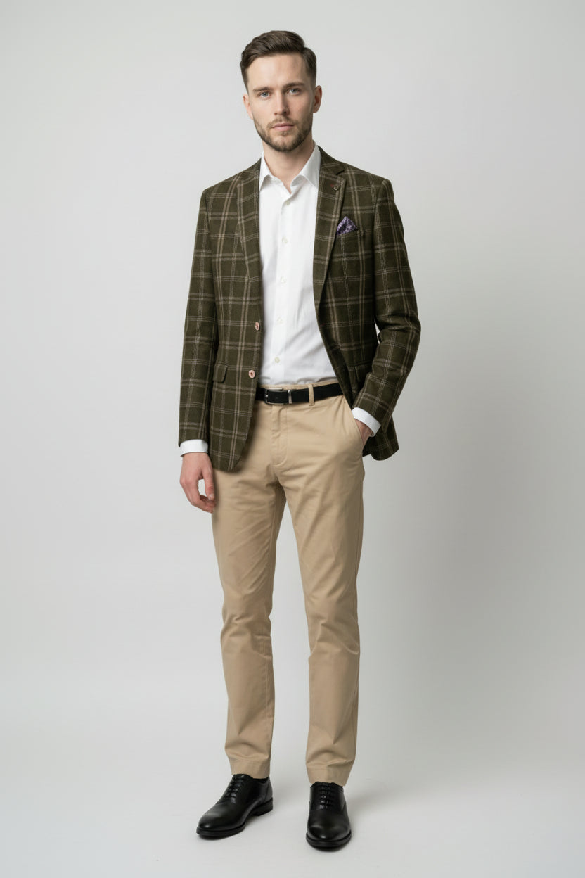 Men’s Wool Blend Windowpane Check Blazer - Alex - Green Front Picture
