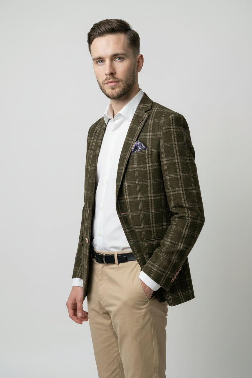 Men’s Wool Blend Windowpane Check Blazer - Alex - Green Jacet Front Open Picture