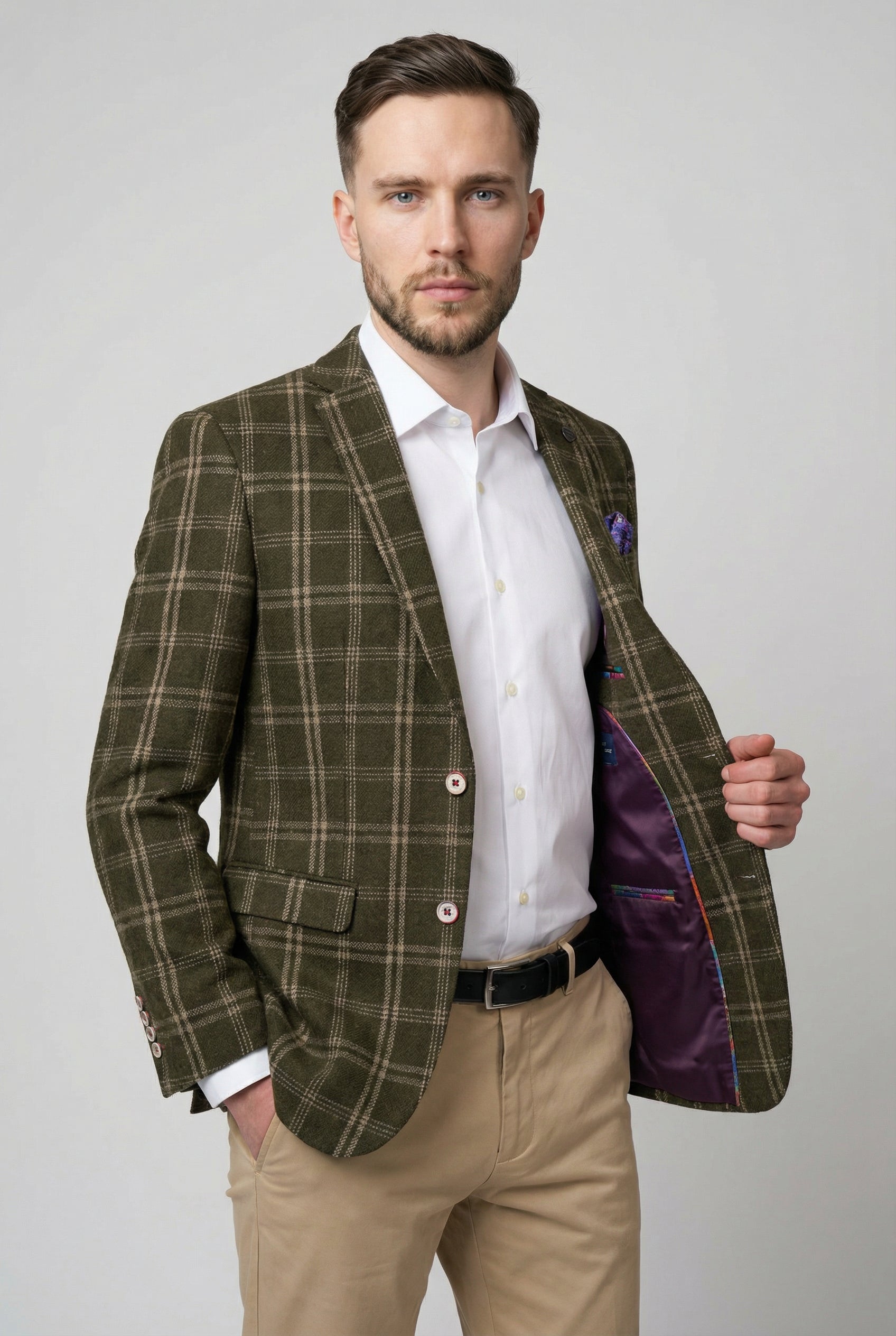 Men’s Wool Blend Windowpane Check Blazer - Alex - Green Linning Picture