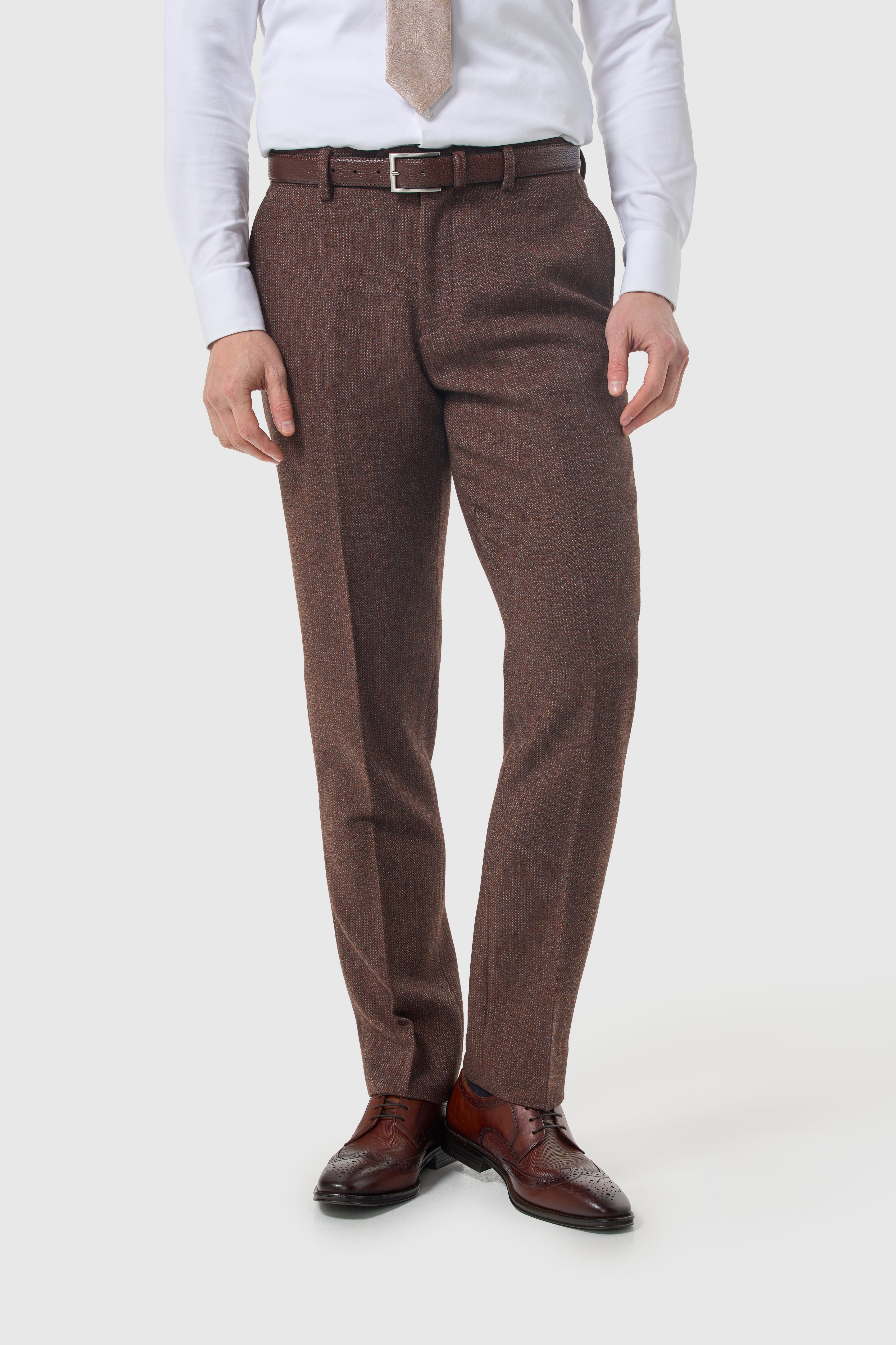 Men’s Wool Herringbone Tweed Trousers - Thomas - Dark Mahogany