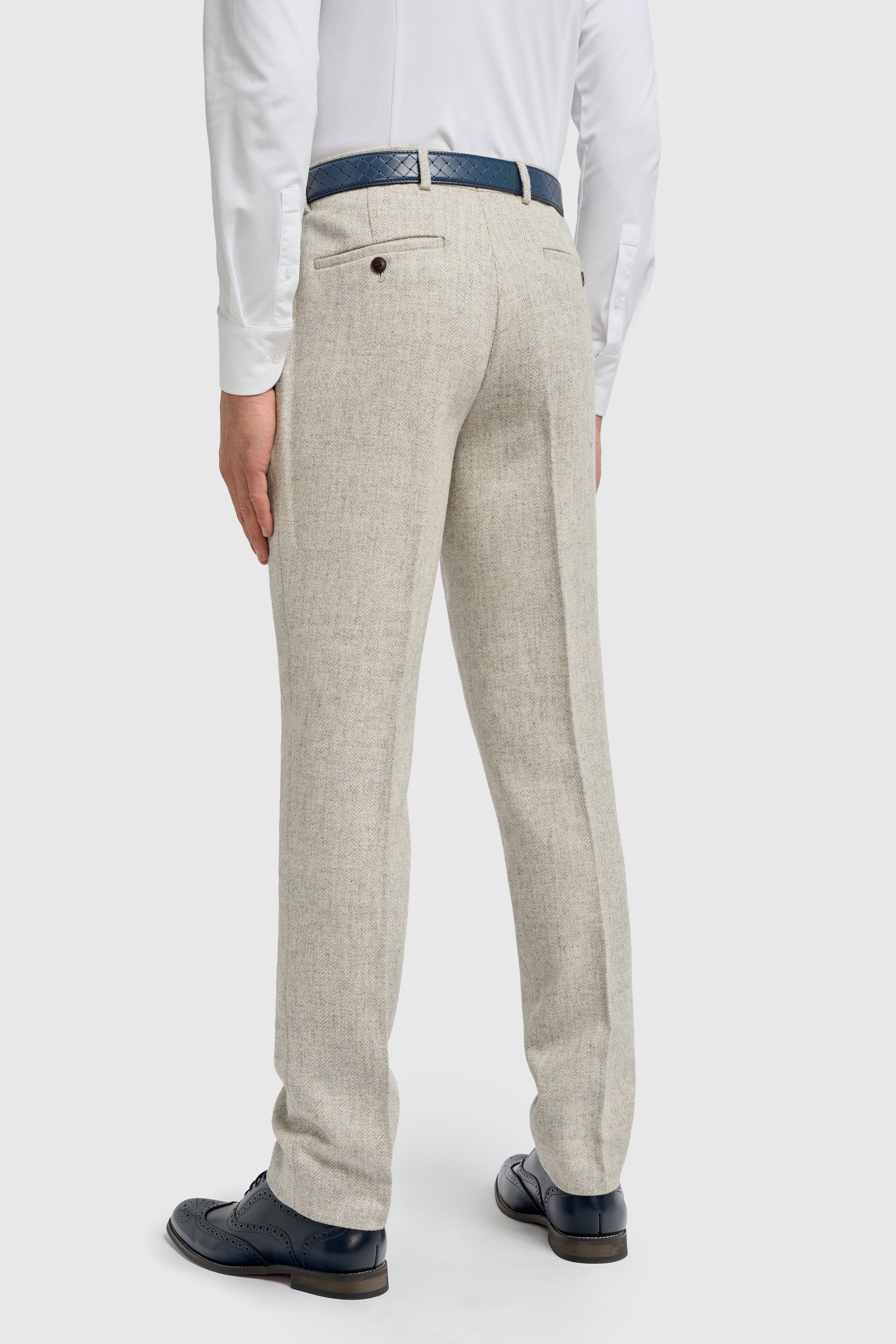 Men’s Wool Herringbone Tweed Trousers - Thomas - Pearl Grey Back Picture