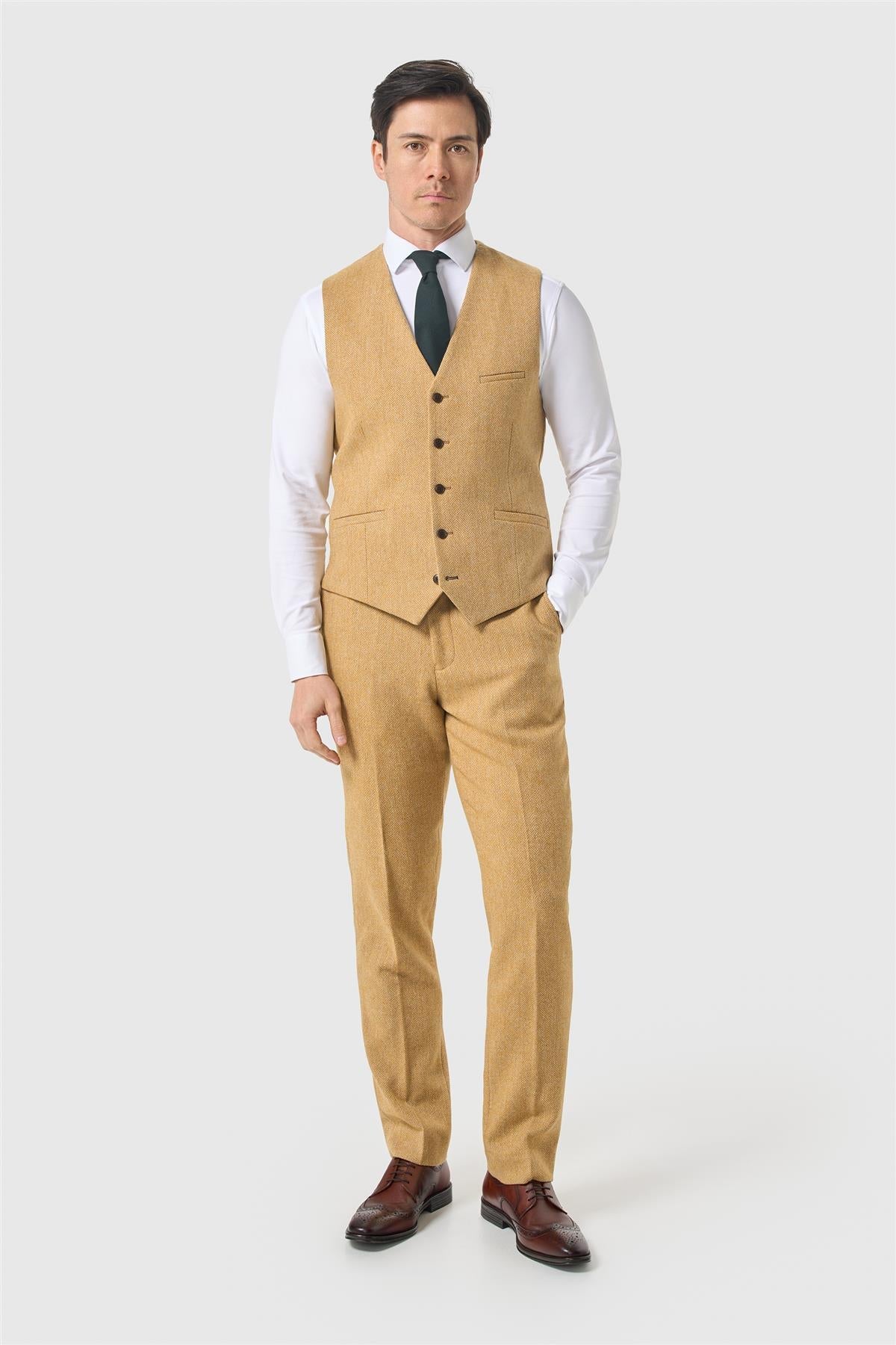 Men’s Waistcoat Wool Herringbone Tweed Suit - Thomas - Amber Picture