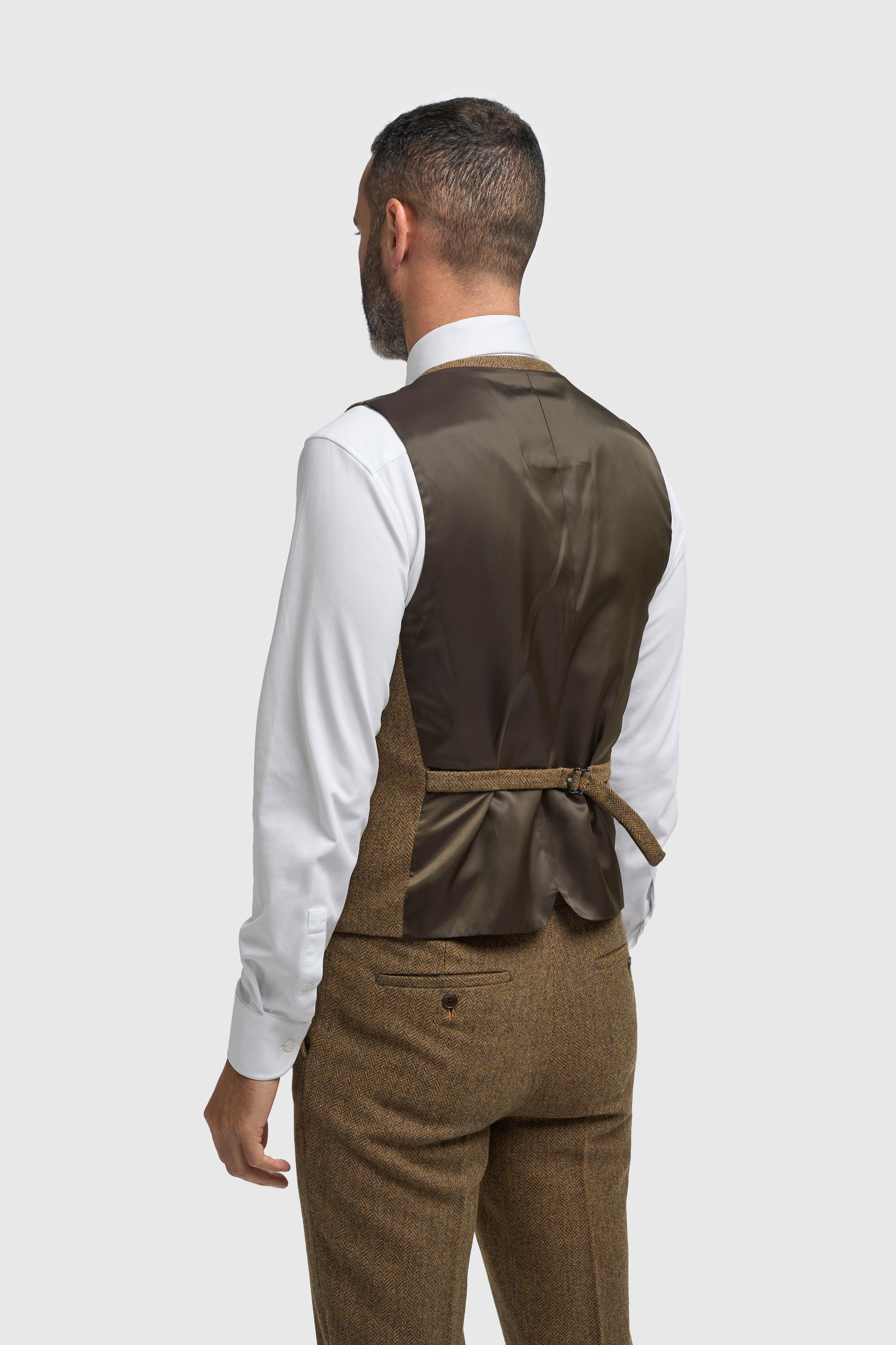 Men’s Wool Herringbone Tweed Waistcoat - Thomas - Brown Back Picture