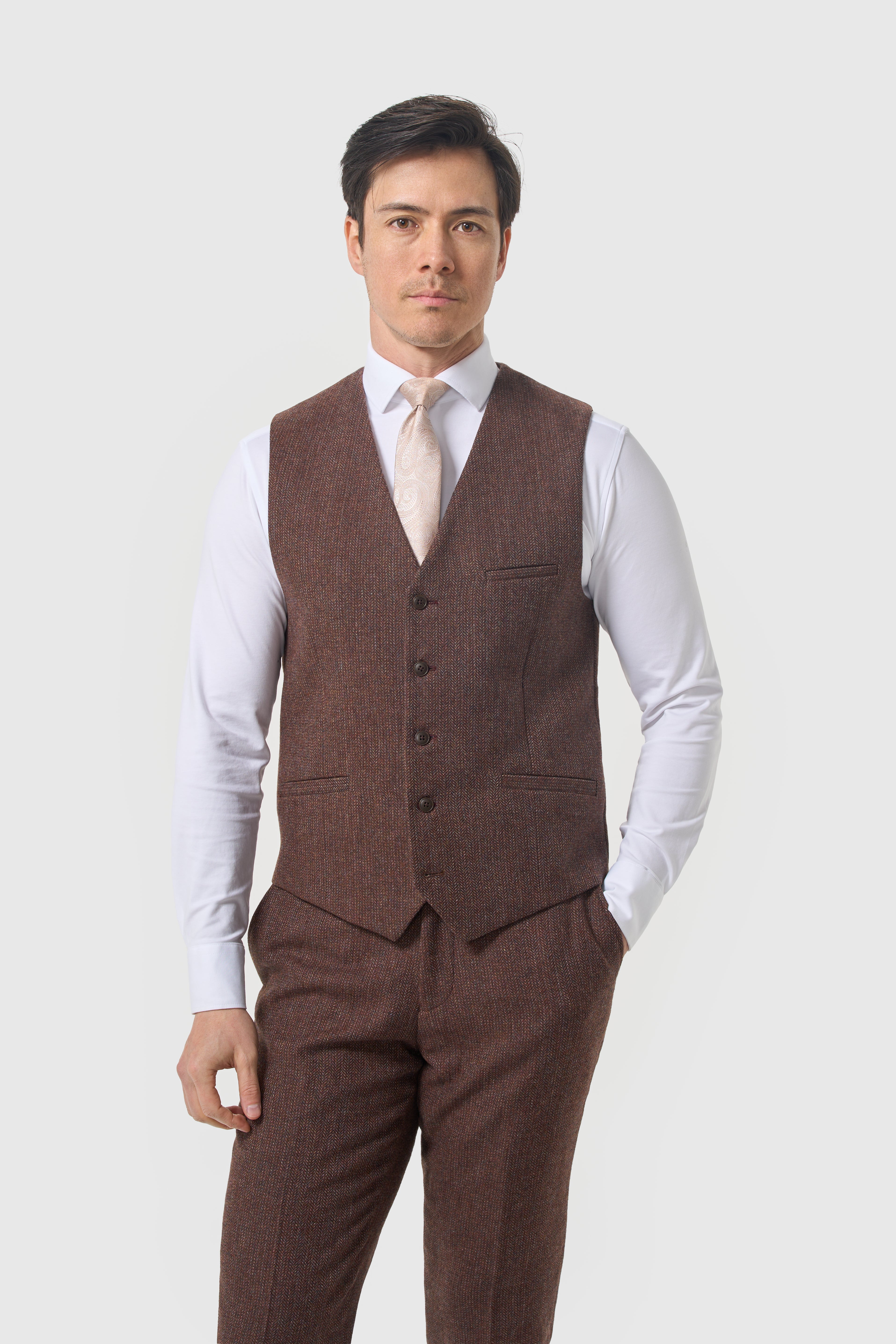 Men’s Wool Herringbone Tweed Waistcoat - Thomas - Dark Mahogany