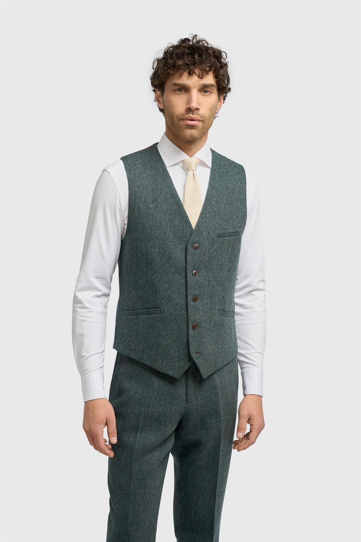 Men’s Wool Herringbone Tweed Waistcoat - Thomas - Olive Green Front Picture