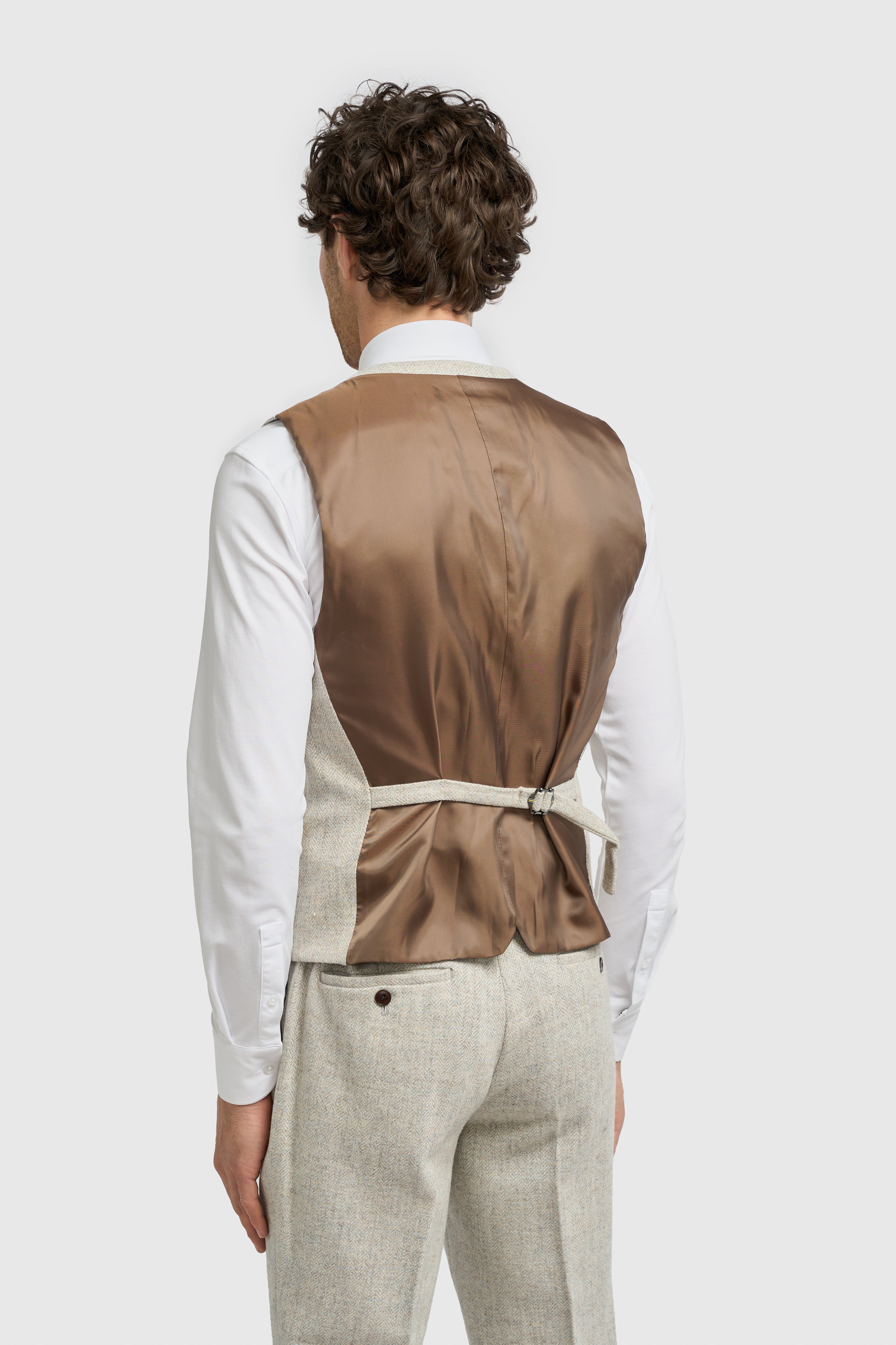 Men’s Wool Herringbone Tweed Waistcoat - Thomas - Pearl Grey Back Picture