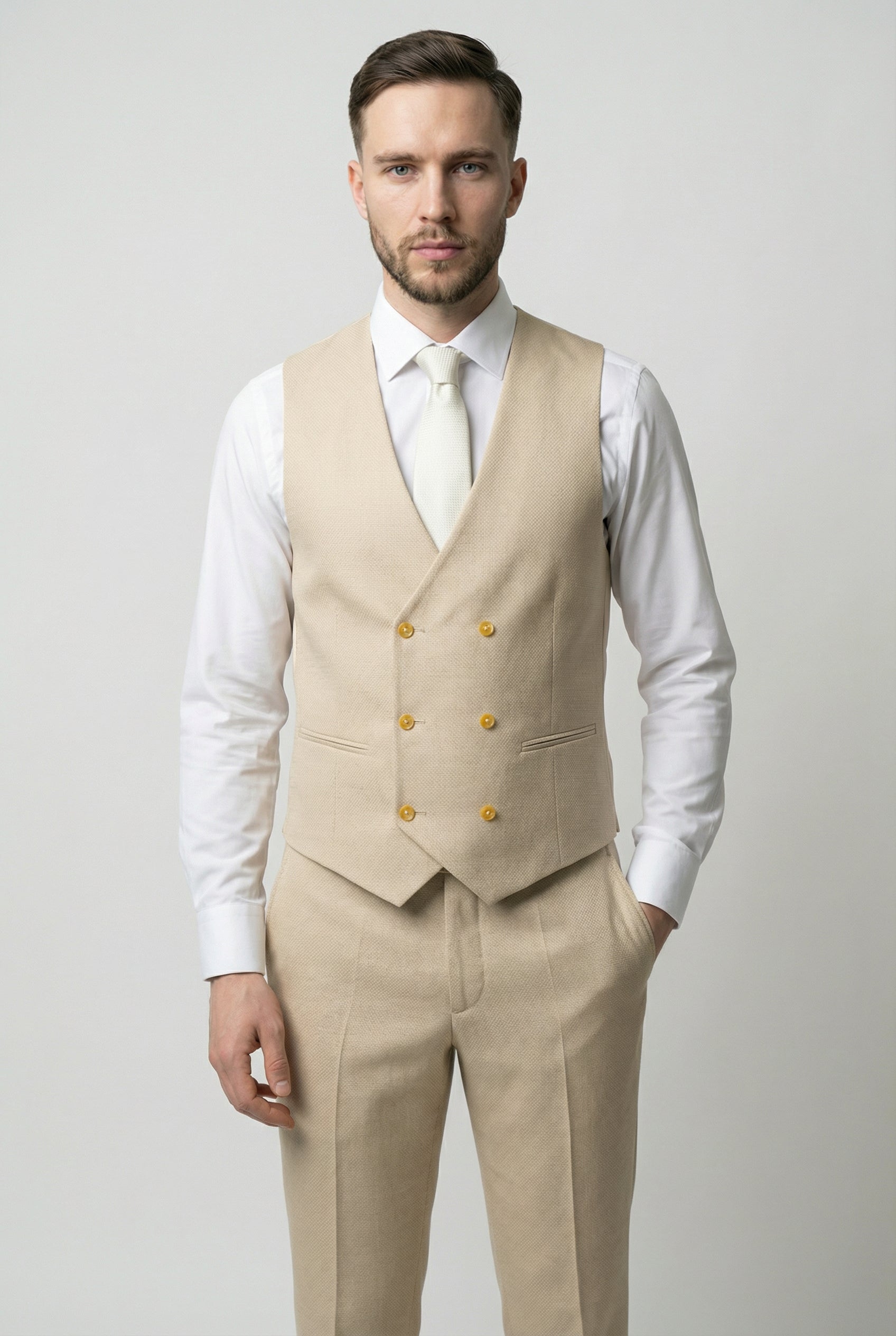Completo da uomo 3 pezzi strutturato con gilet doppiopetto - CORE - Beige