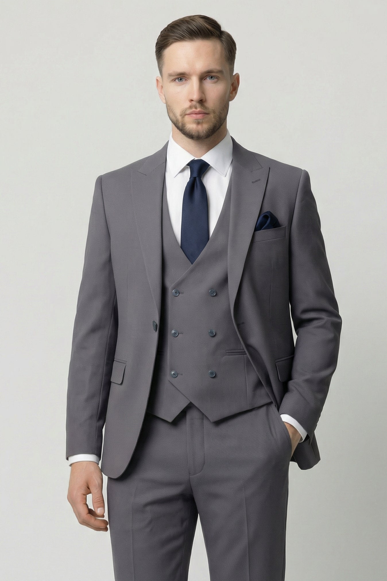 Men’s 3-Piece Textured Suit with Double-Breasted Waistcoat - CORE - Grey