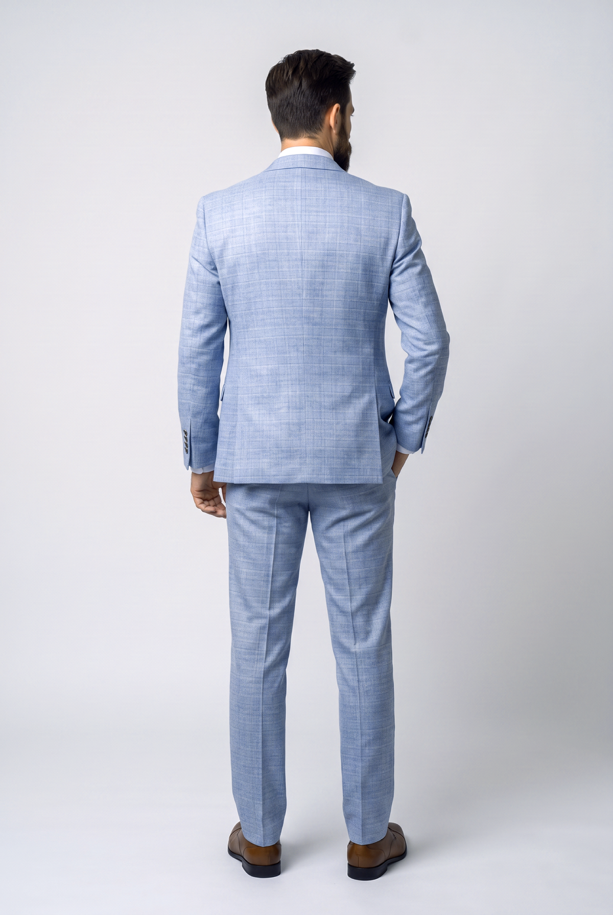 Men’s 3-Piece Tweed Like Glen Check Suit - Robert Simon Luis Pale Blue Model Back PIcture