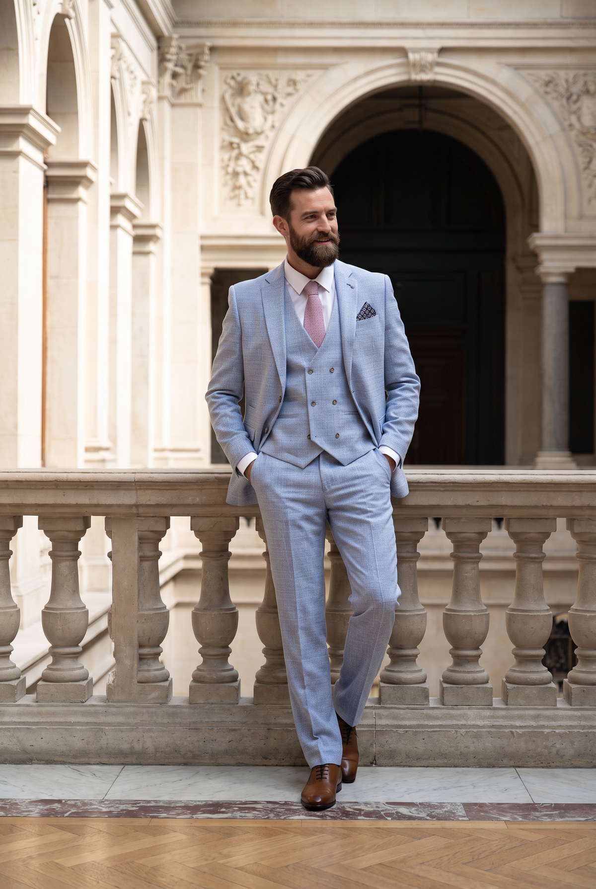 Men’s 3-Piece Tweed Like Glen Check Suit - Robert Simon Luis Pale Blue Life Style Picture