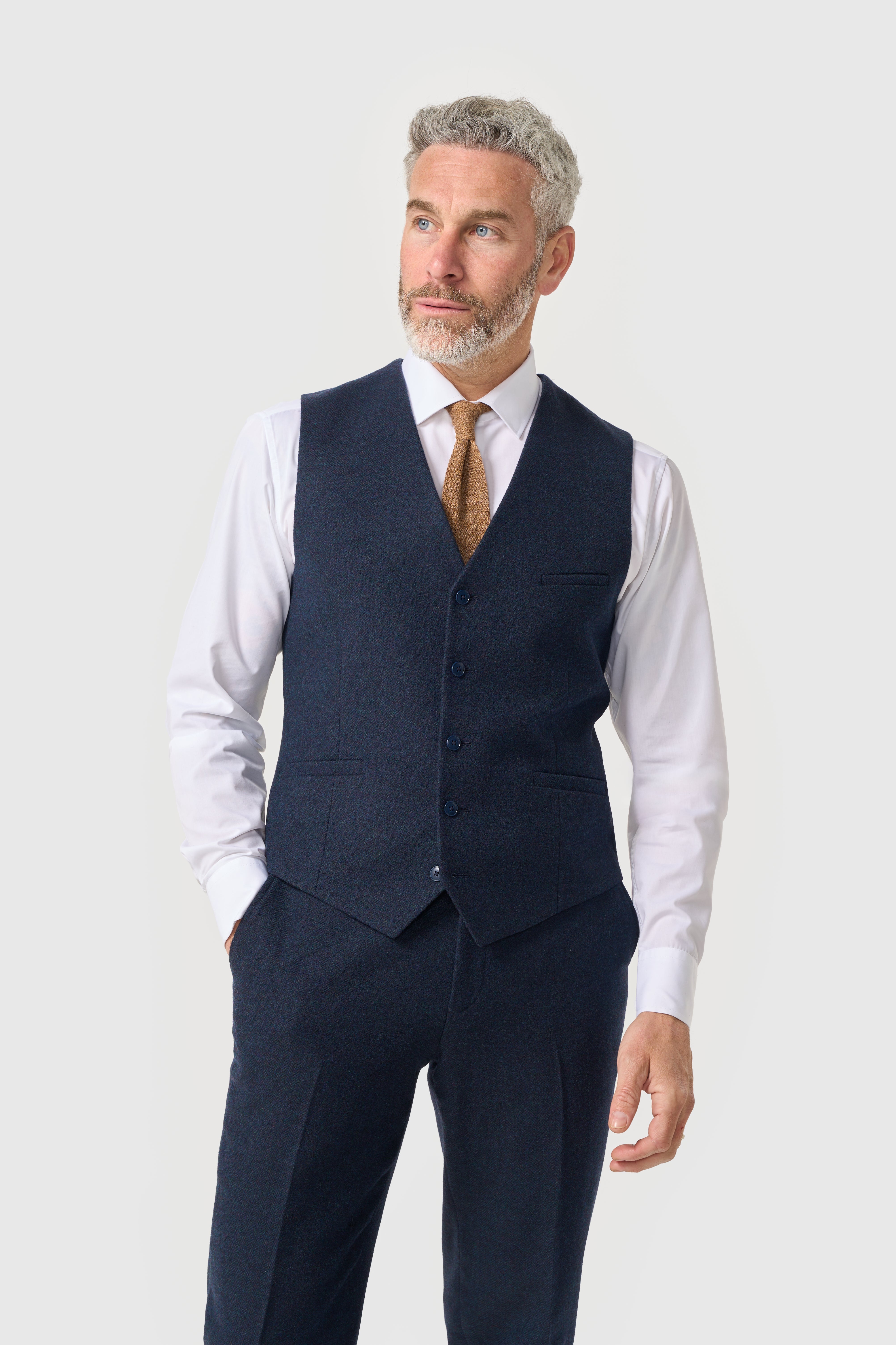 Men’s Waistcoat Wool Herringbone Tweed Suit - Thomas - Brown Model Picture
