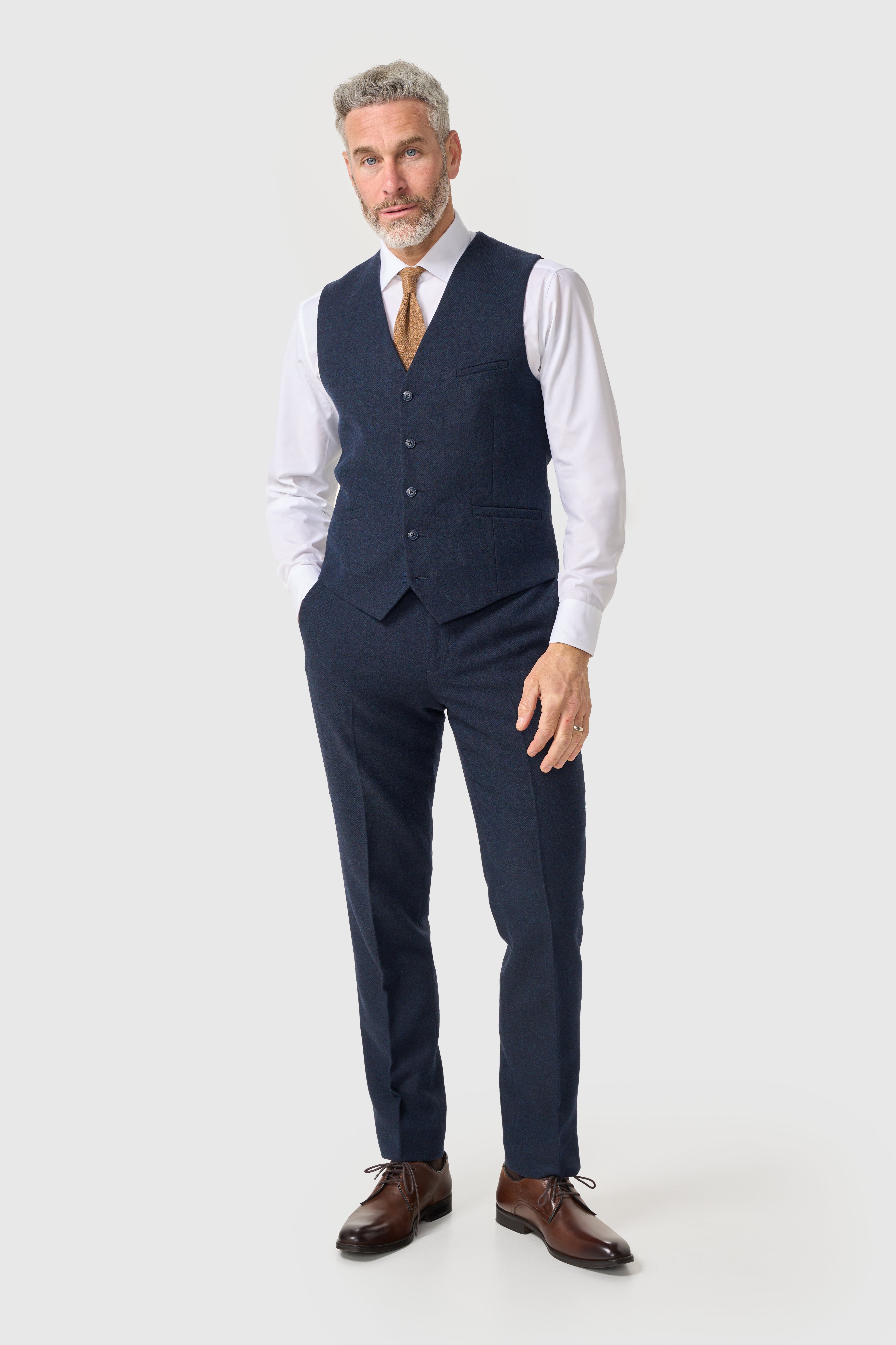 Men’s Waistcoat Wool Herringbone Tweed Suit - Thomas - Brown Model Front Picture