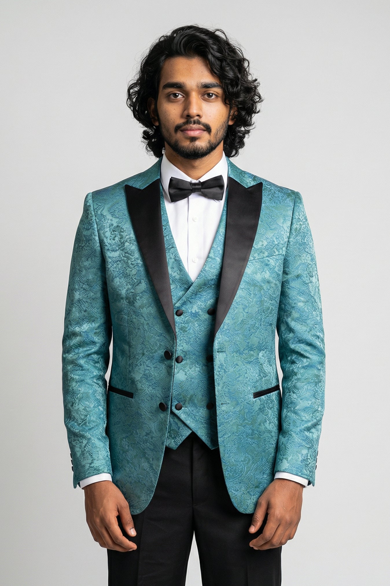Men’s 4-Piece Cotton Blend Jacquard Tuxedo Suit with Double Breasted Waistcoat - Vincent -Green Main Picture