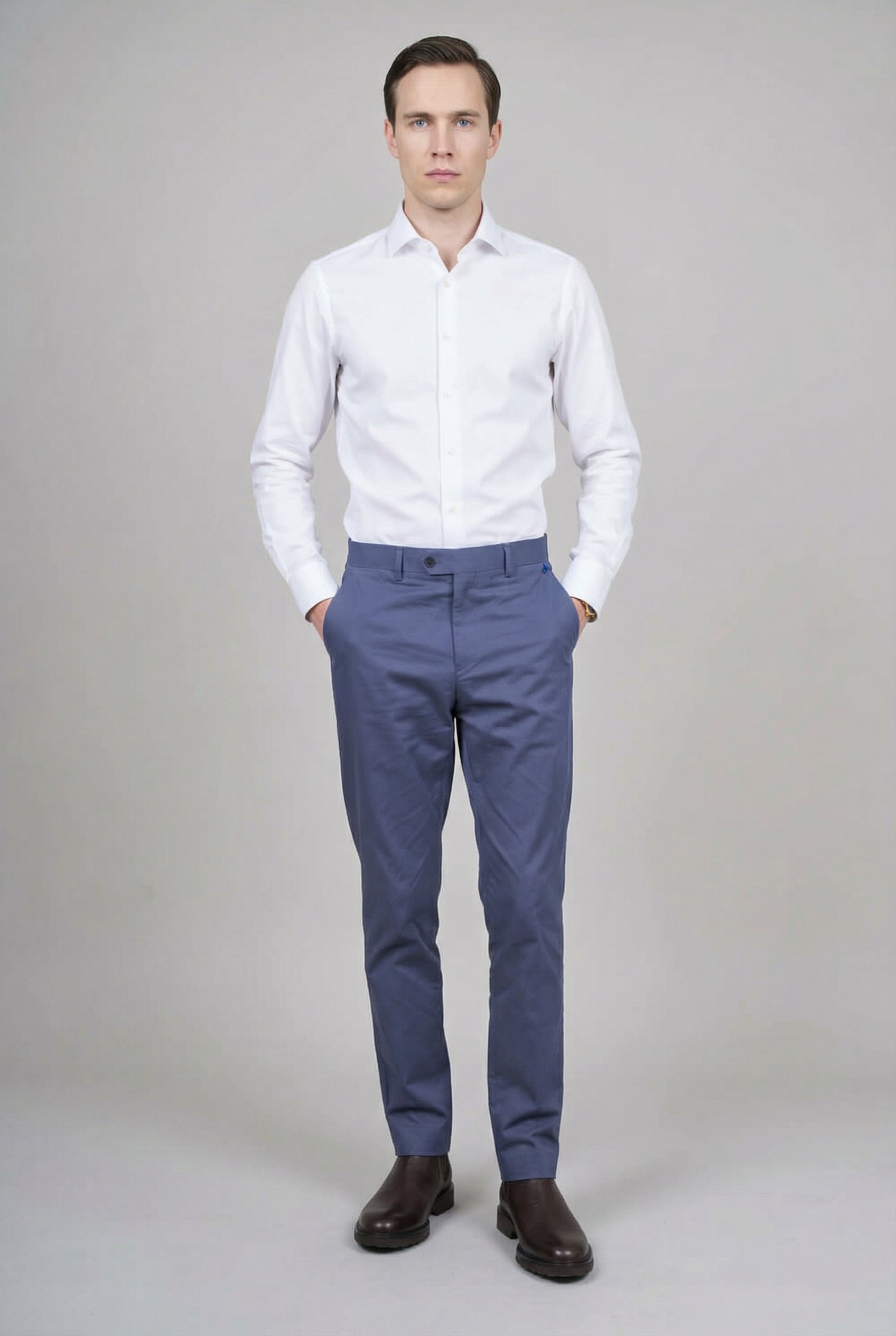 Men’s Cotton Regular Fit Chino Trousers - Zack - Blue Front Picture