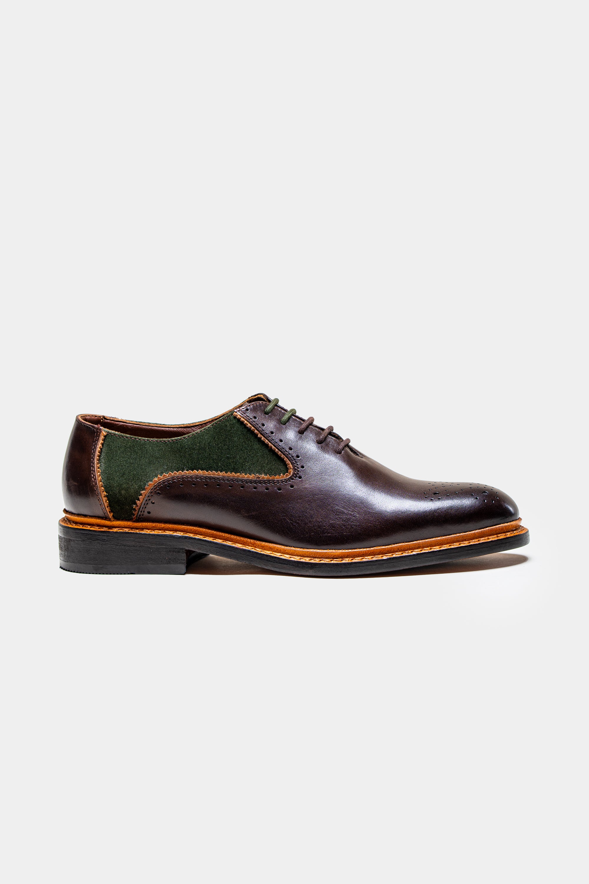 Men's Lace Up Suede & Leather Dress Shoes - BRENTWOOD - Brown With Olive Green Side Picture
