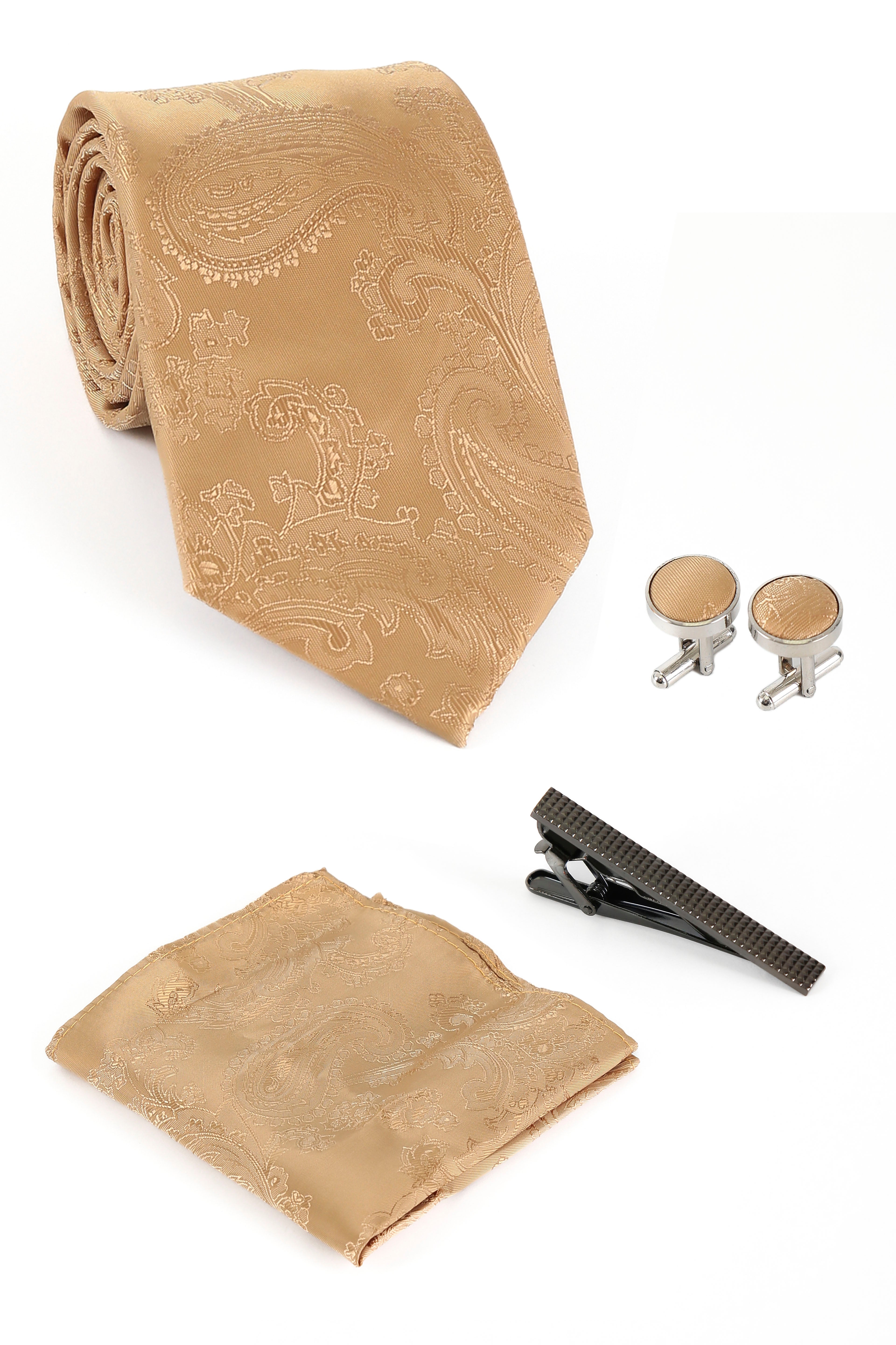 Ensemble cravate et boutons de manchette paisley pour hommes - Or