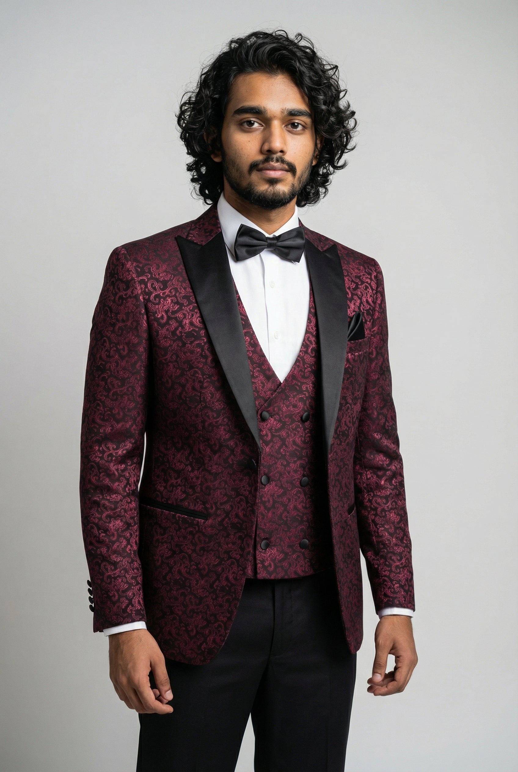 Men's Patterned Shimmer Tuxedo Suit - AARON - Burgundy