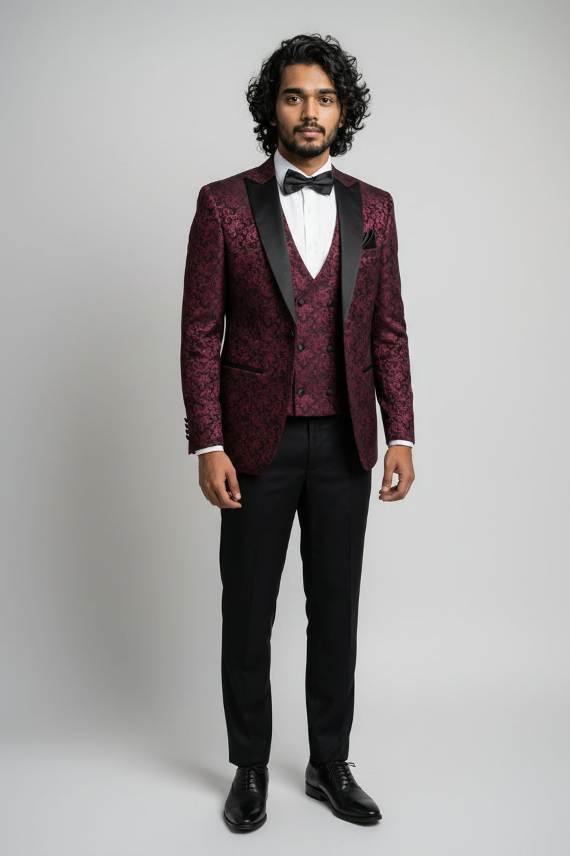 Men's Patterned Shimmer Tuxedo Suit - AARON - Burgundy