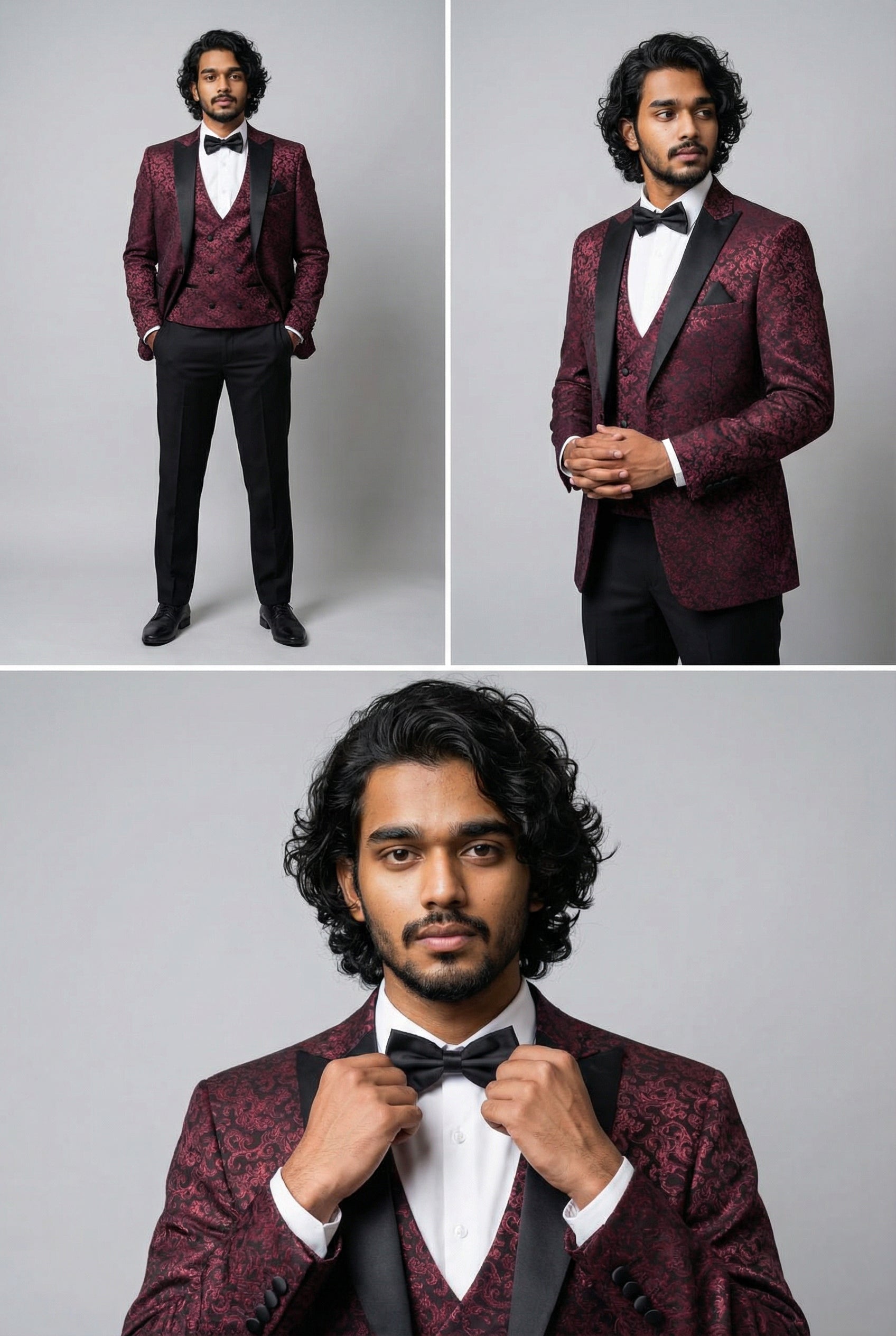 Men's Patterned Shimmer Tuxedo Suit - AARON - Burgundy