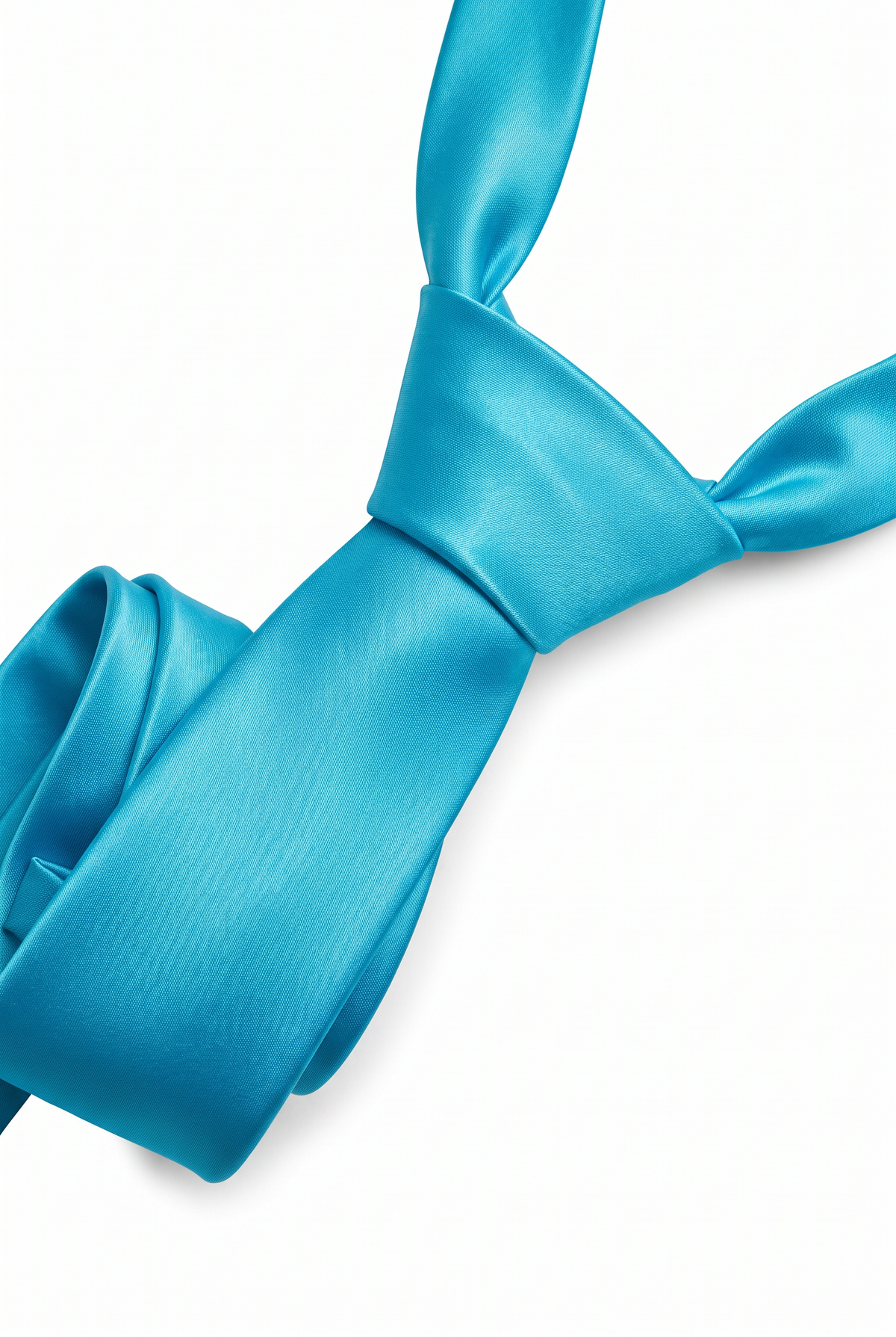 Aqua Blue satin necktie showing knot and fabric texture close-up