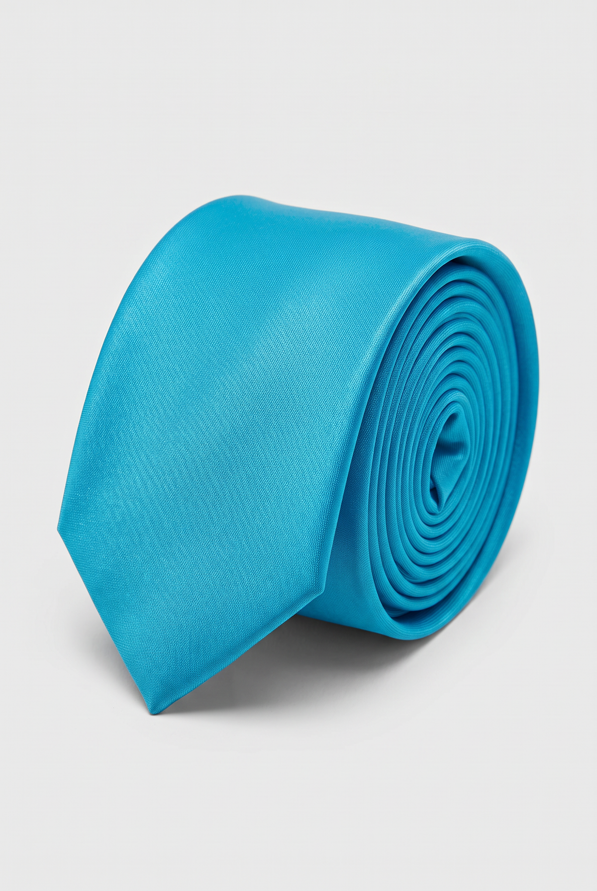 Aqua Blue satin men's necktie, rolled close-up view
