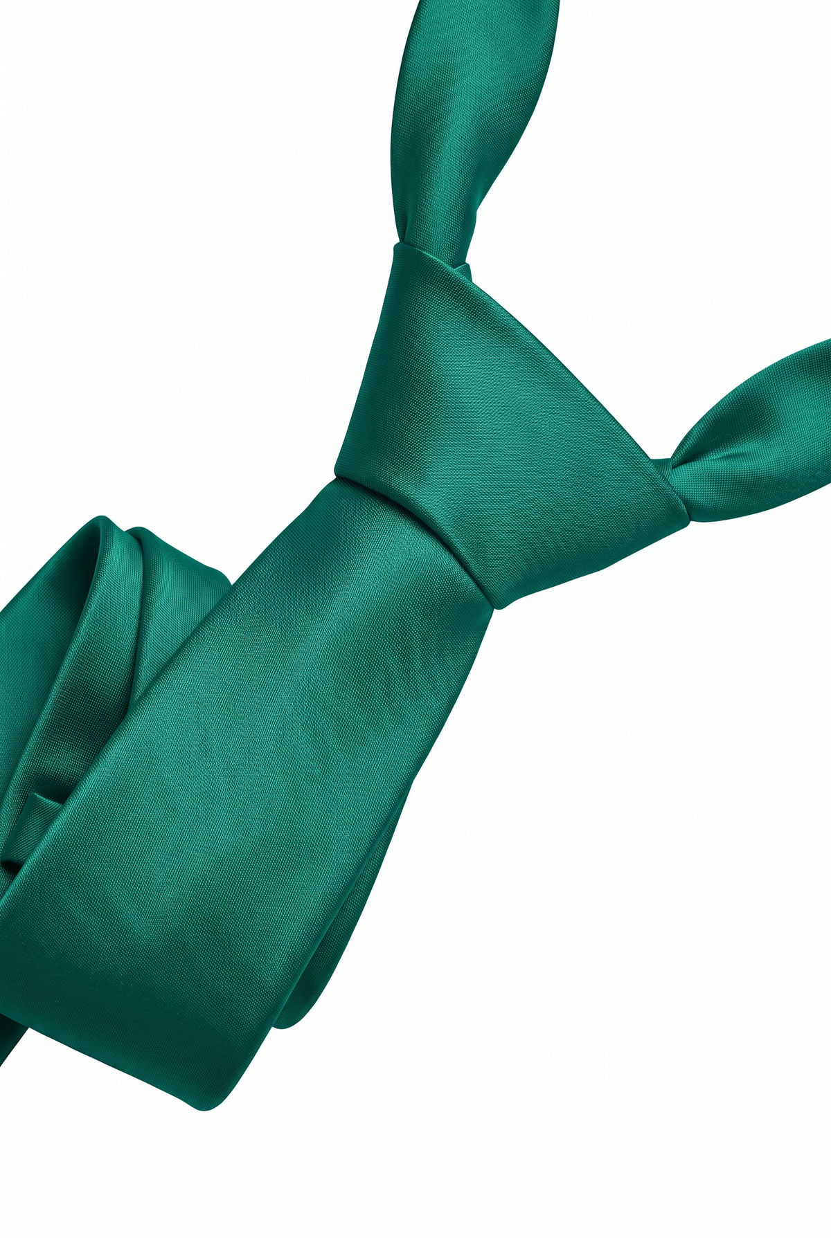 Green satin necktie showing knot and fabric texture close-up