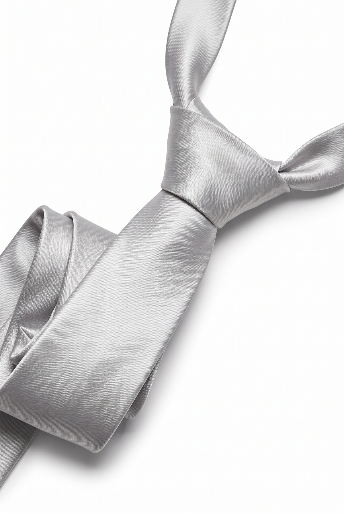 Silver satin necktie showing knot and fabric texture close-up
