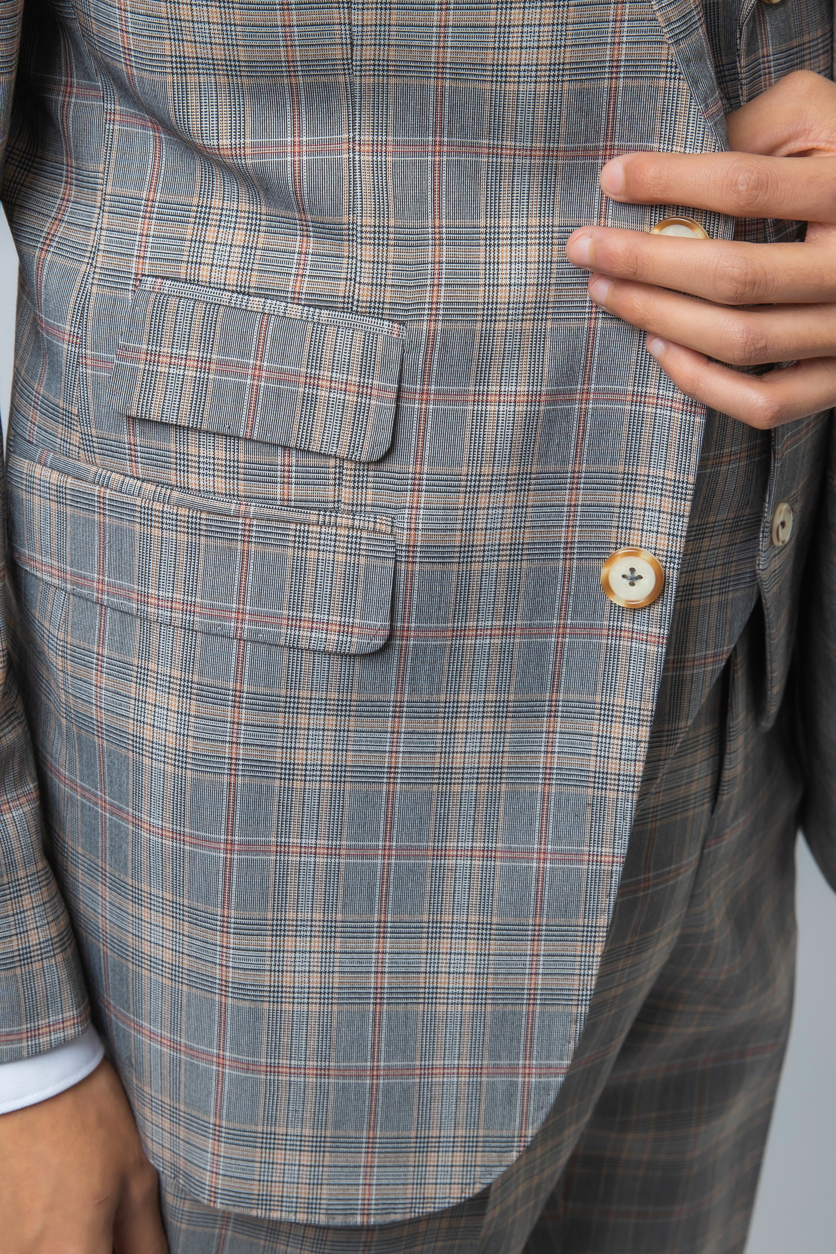 Men's Retro Check Slim Fit Grey Suit - JULIAN - Light Grey