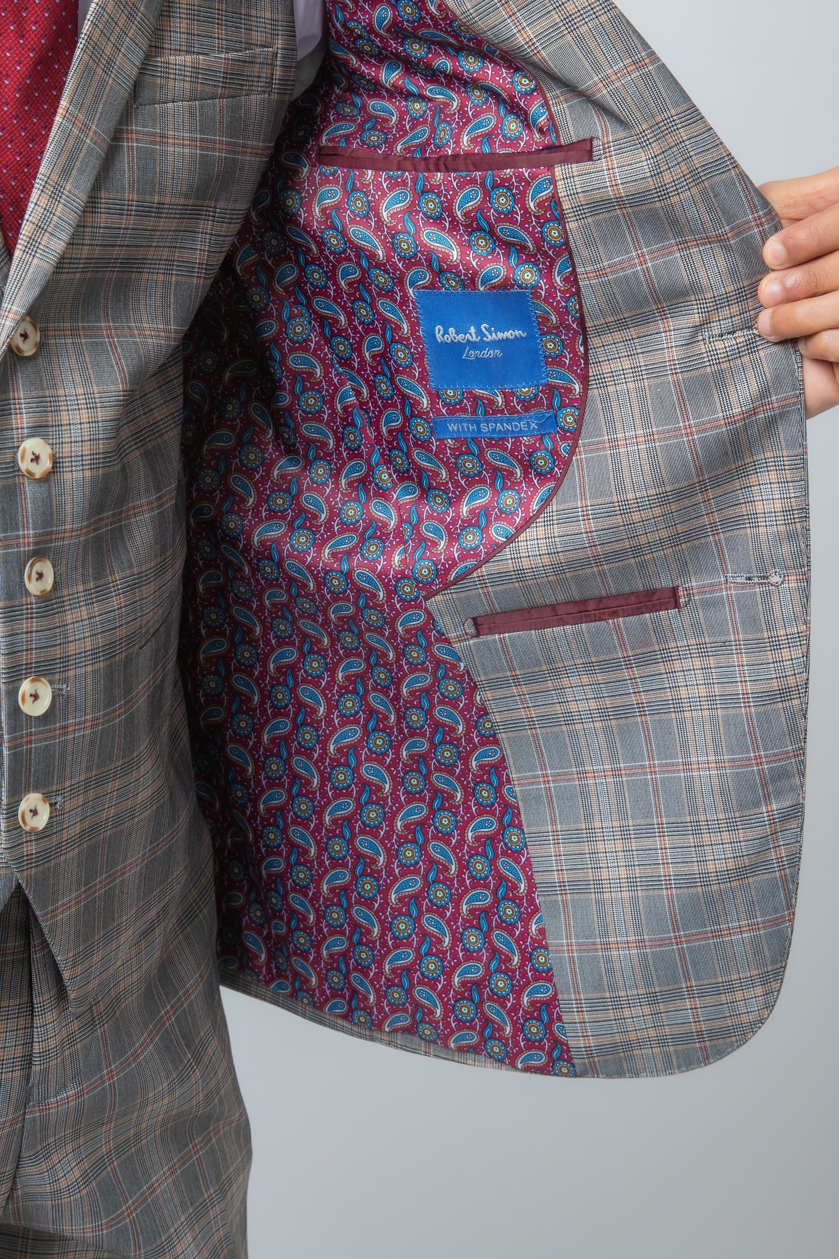 Men's Retro Check Slim Fit Grey Suit - JULIAN - Light Grey