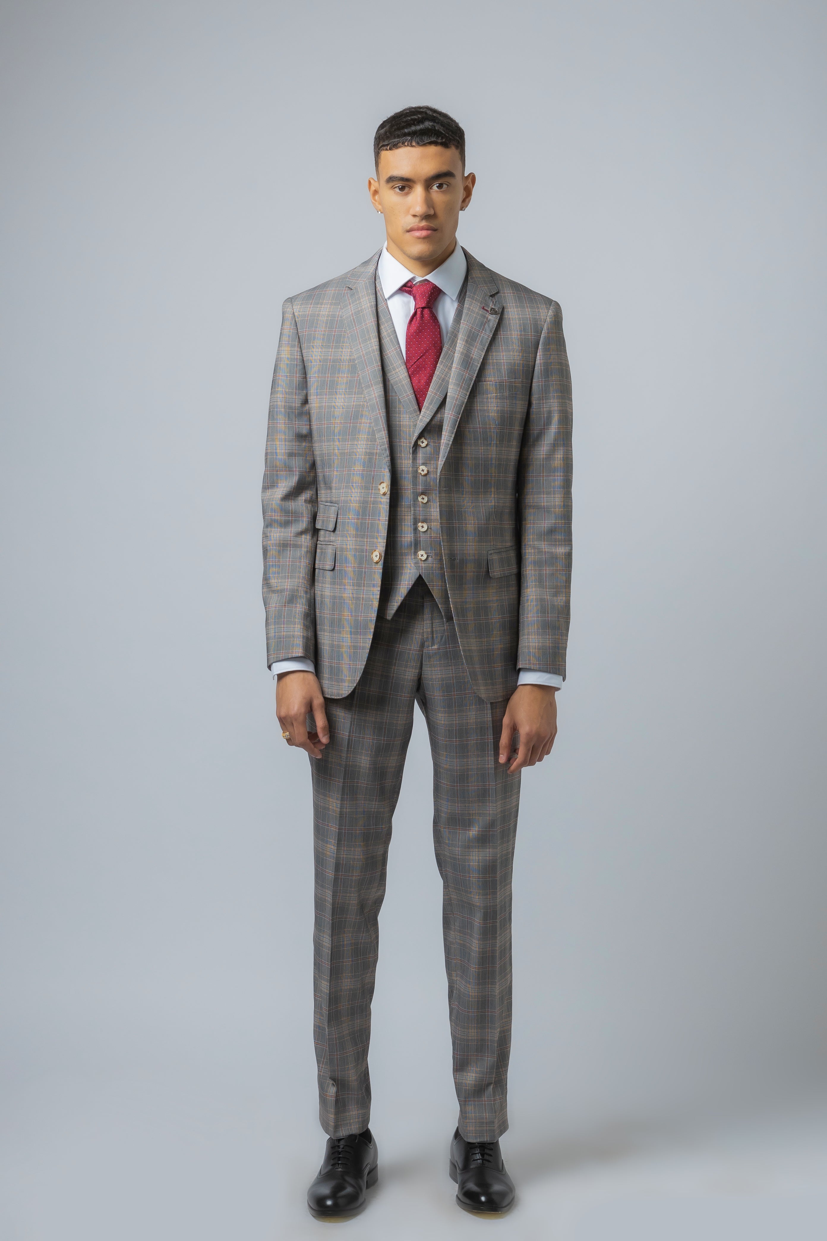 Men's Retro Check Slim Fit Grey Suit - JULIAN - Light Grey